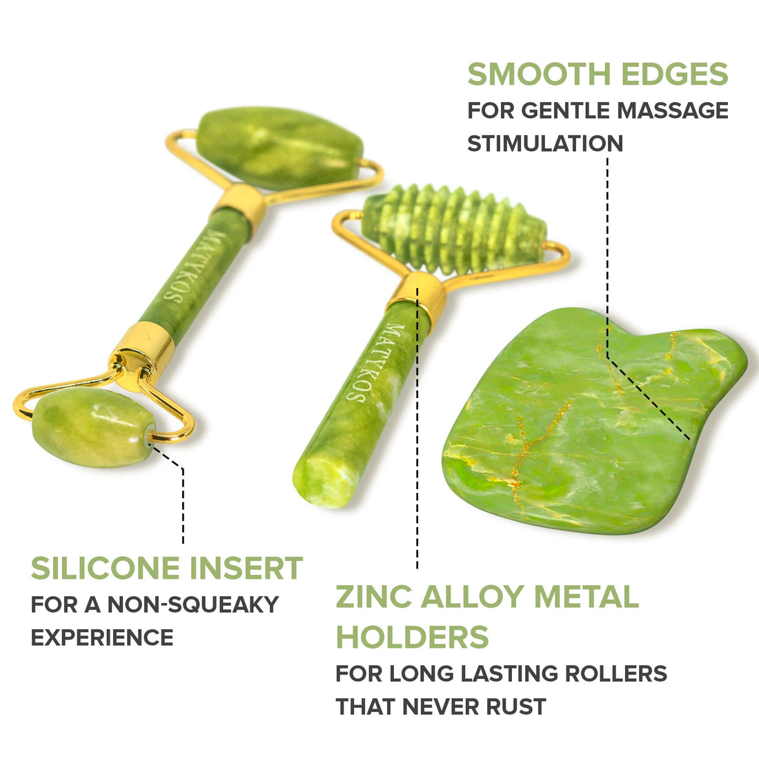 3 in 1 Jade Roller for Face and Gua Sha Set - Helps Reducing Drainage Puffiness Wrinkles Authentic Jade Face Massager Kit - Ridged Roller and Carrying Pouch
