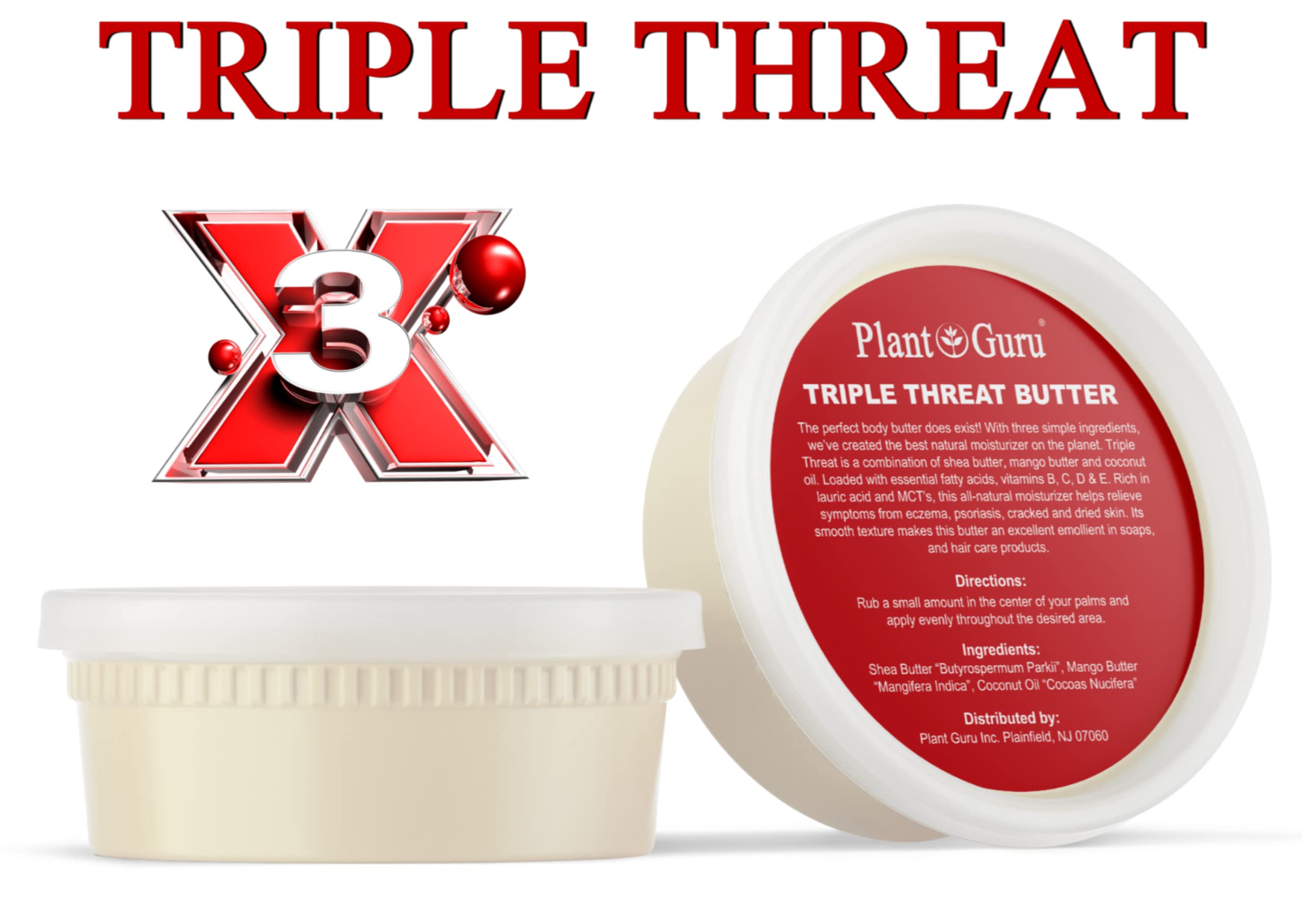 Triple Threat Body Butter 8 oz. - Blend of Shea, Mango & Coconut Oil - 100% Pure Natural Raw Unrefined Moisturizer For Dry Skin, Face And Hair. Great For Lip Balm and Soap Making