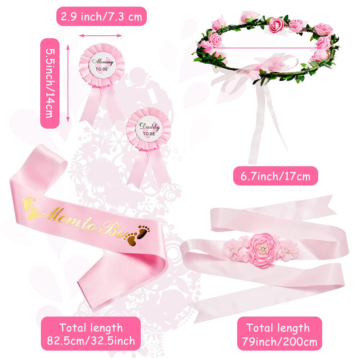 Xinnun 5 Pcs Baby Shower Maternity Sash Kit Shoulder Sash and Pin Daddy Corsages Flower Crown Pregnancy Sash Rose Wreath Headdress for Baby Shower Pregnancy Parents Prop Present Party Favor(Pink)