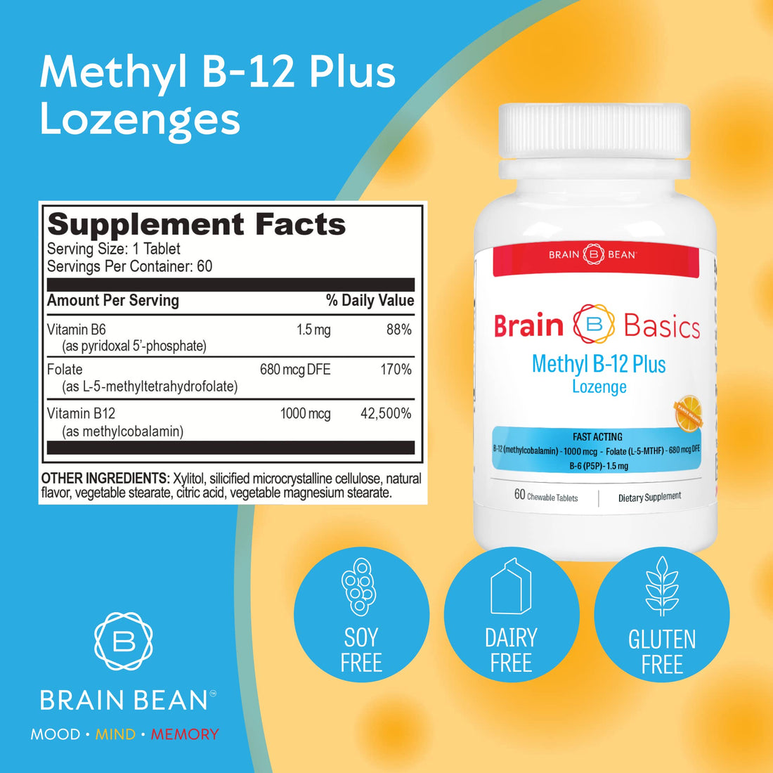 Extra Strength Methyl B-12 & Methyl Folate - 60 Chewable Tablets, Orange Citrus Flavor - Bioactive Vitamin B12 & B9 - Cellular Energy for Brain, Cardiovascular, Focus Support.