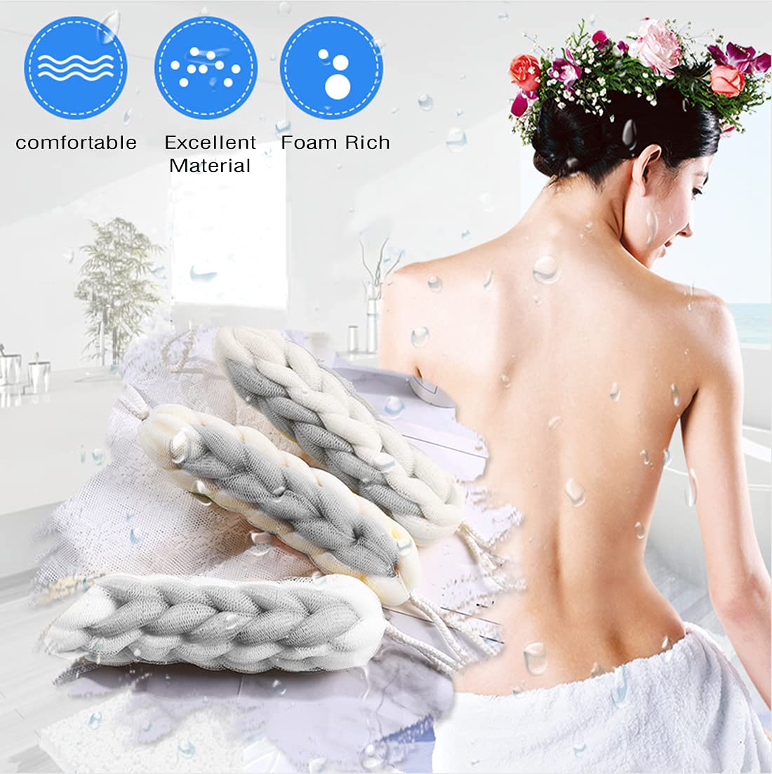 AARainbow 2 Packs Long Stretch Back Sponge with Rope Handles Back Scrubber Bath Shower Mesh Sponge Exfoliating Body Scrub Stretch Braided Loofah for Men and Women (Gray+Green)