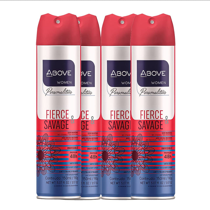 Above Spray Deodorant for Women (Fierce Savage) -48 Hour Deodorants & Antiperspirants Dry Spray- NO White Marks,- Cruelty Free, NO Alcohol, Triclosan- 3.17 oz - Pack of 4