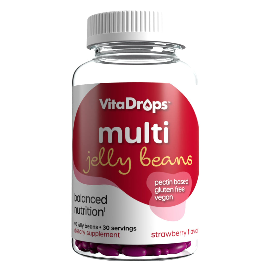 VitaDrops Multivitamin Jelly Beans, Women & Men, Source of Vitamin A C D E B-3 B-6 & Biotin, Supports Immune System, Pectin Based, Vegan & Gluten Free, Strawberry Flavor, 90 Jelly Beans, 30 Servings