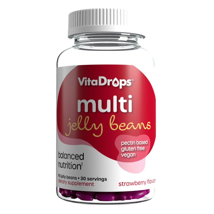 VitaDrops Multivitamin Jelly Beans, Women & Men, Source of Vitamin A C D E B-3 B-6 & Biotin, Supports Immune System, Pectin Based, Vegan & Gluten Free, Strawberry Flavor, 90 Jelly Beans, 30 Servings