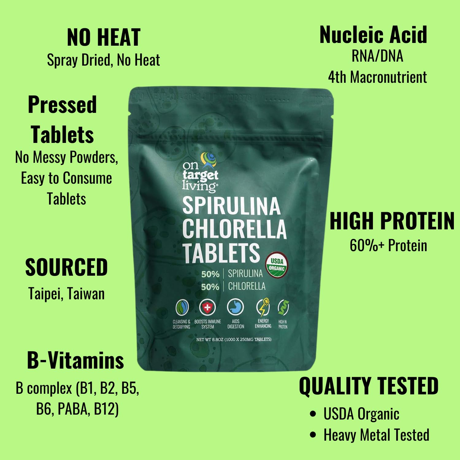 On Target Living Organic Spirulina Chlorella | USDA Organic | 1000 Tablets- 250 G (8.8 oz) | Vegan | Immune System Boosting | Alkalyzing | Nutrient Dense | Detoxifying | Protein Dense