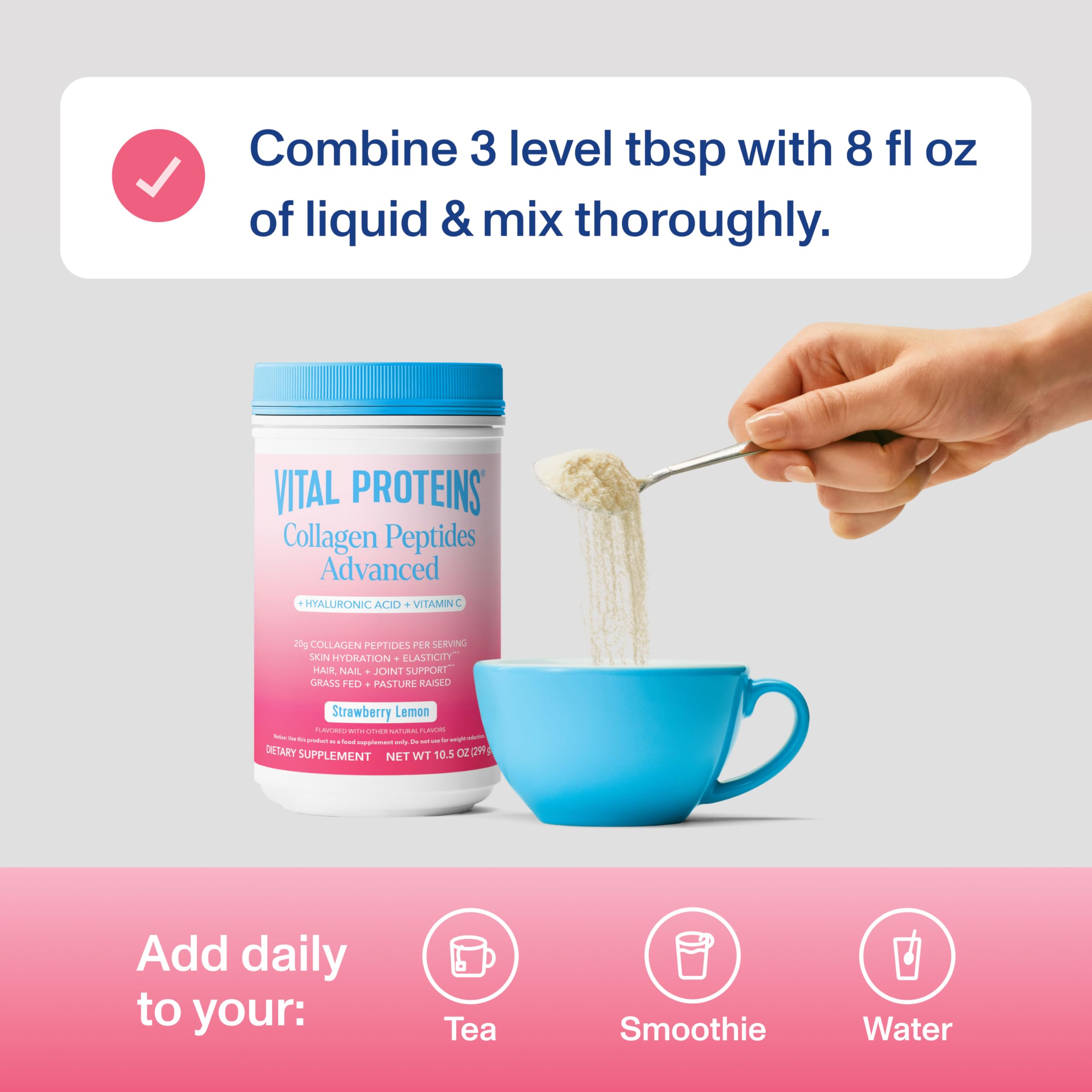 Vital Proteins Collagen Peptides Advanced, Hydrolyzed Peptides with Hyaluronic Acid and Vitamin C - Strawberry Lemon Flavor Powder, 10.5oz