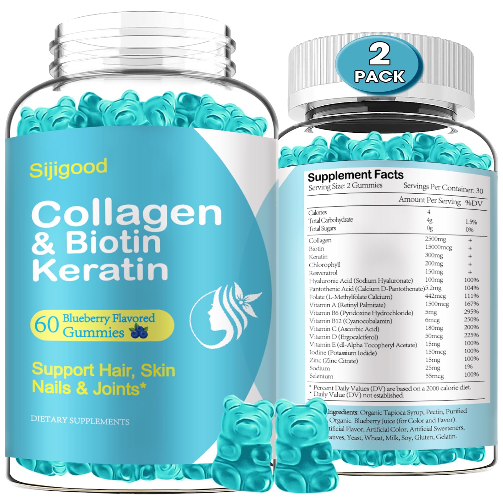 Sijigood 2 Pack Biotin Gummies with Collagen, Keratin, Hyaluronic Acid, Vitamin for Skin, Hair Growth, Nails, Women Men Adults Kids - Blueberry Flavored, 120 Gummies
