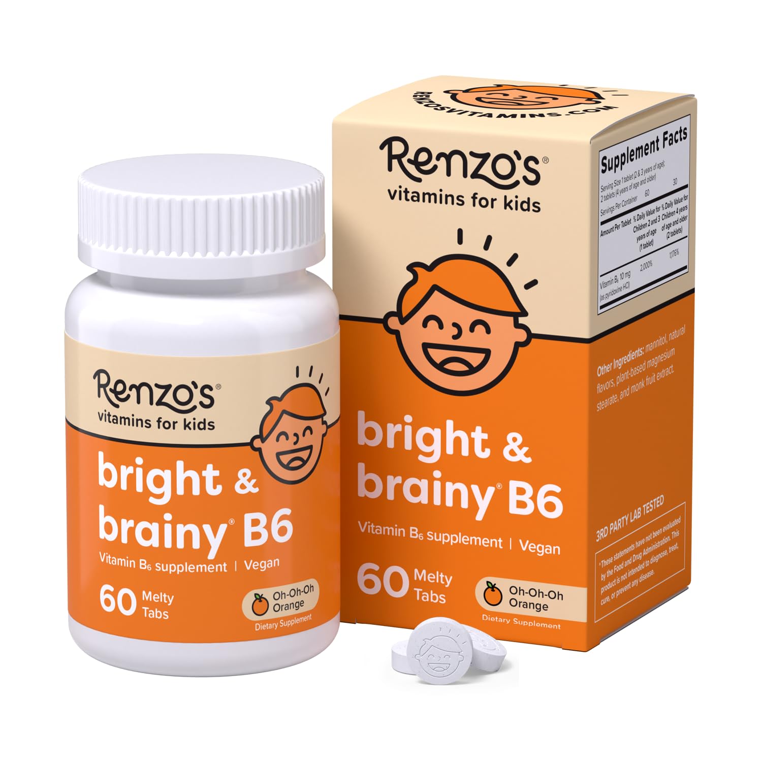 Renzo's Bright & Brainy Vitamin B6 - Dissolving Kids Vitamin B6-60 Sugar-Free Melty Tabs, Oh Oh Oh Orange Flavored