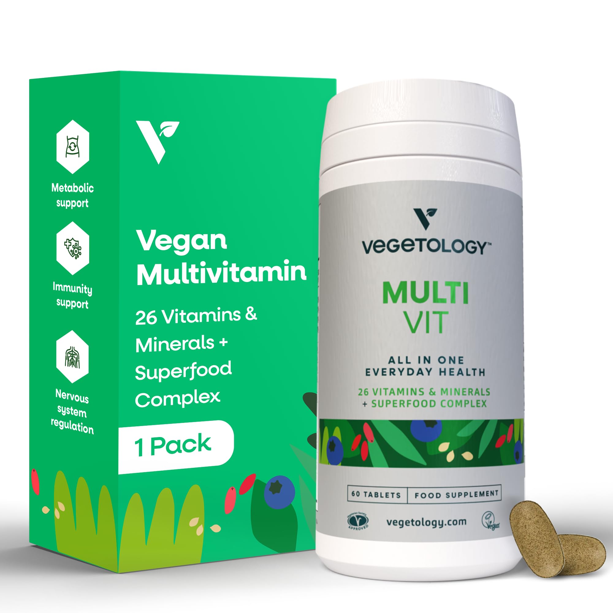 VEGETOLOGY MultiVit Vegan Multivitamin Supplement, 26 Vitamin & Minerals – Vitamin Supplements for Metabolic, Brain Function & Immune Support – Multivitamin for Women, Men & Children