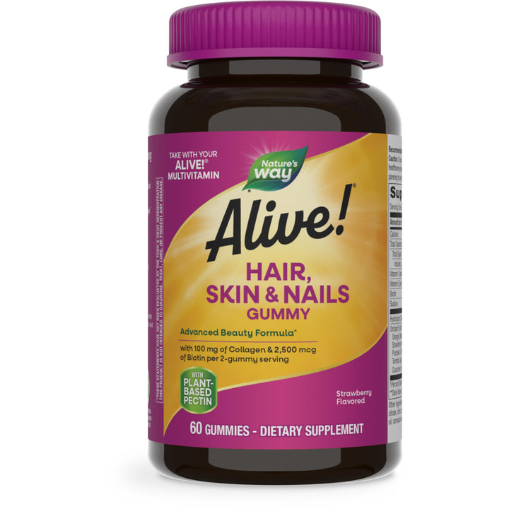 Nature's Way Alive! Hair, Skin & Nails Gummies, Advanced Beauty Formula*, with Biotin and Collagen, Strawberry Flavored, 60 Gummies (Packaging May Vary)