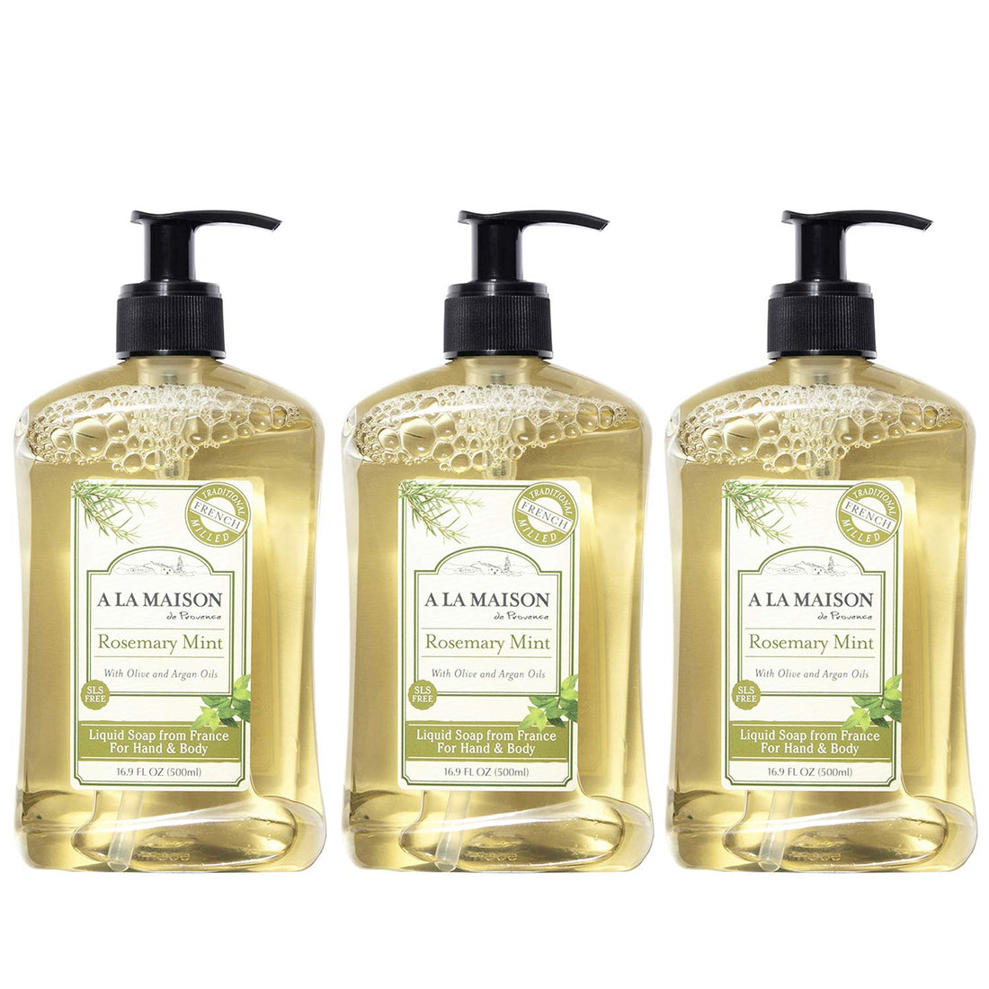 A La Maison de Provence Liquid Soap, Rosemary Mint, 16.9-Ounce Bottles (Pack of 3)