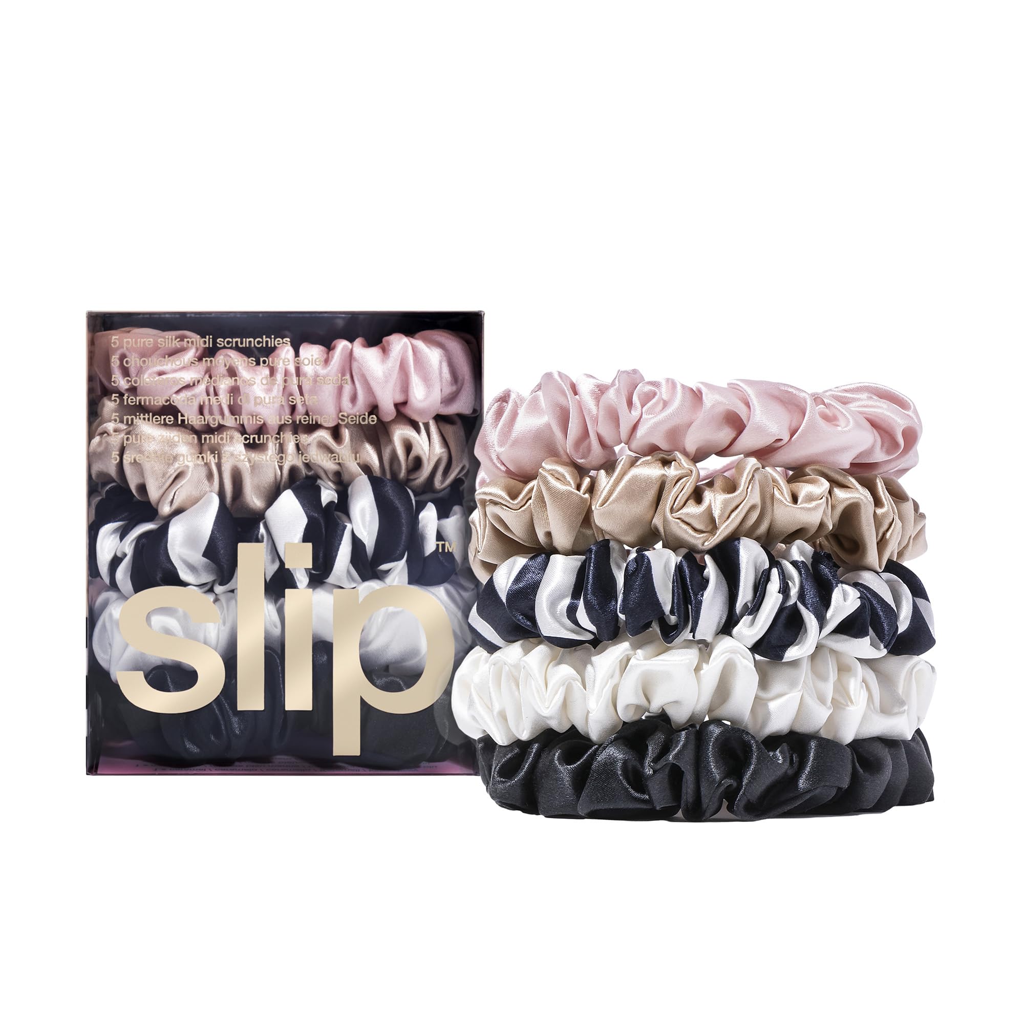 SLIP Pure Mulberry 22 Momme Silk Midi 5 Scrunchies Hair Tie Multi-Pack Set