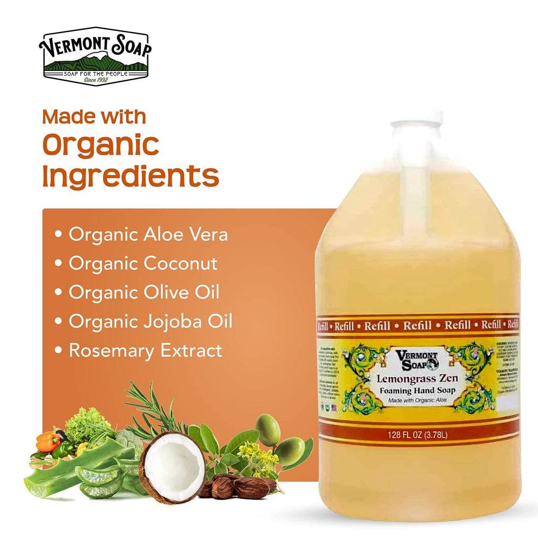 VERMONT SOAP Organics Foaming Hand Soap, Liquid Soap with Pre-diluted Formula - Ready to Use Lemongrass Hand Soap With Convenient and Economical Gallon Refill Size