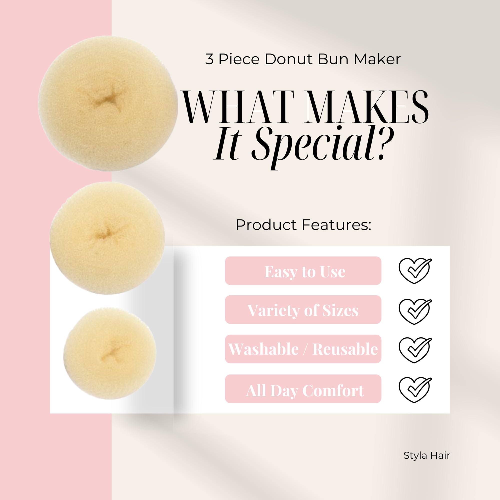 Styla Hair 3 Piece Donut Hair Bun Maker, (1 Small, 1 Medium, 1 Large) - Blonde