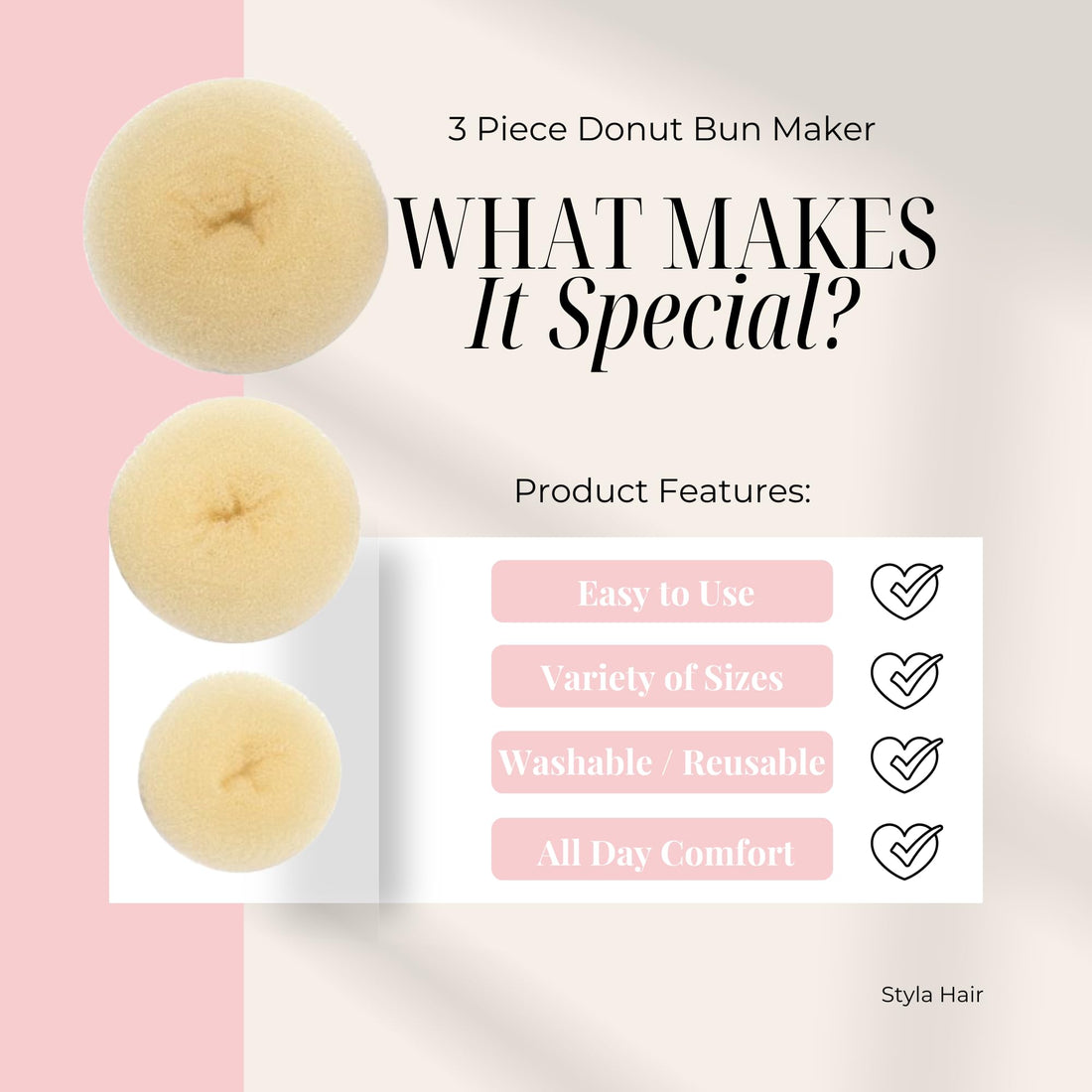 Styla Hair 3 Piece Donut Hair Bun Maker, (1 Small, 1 Medium, 1 Large) - Blonde