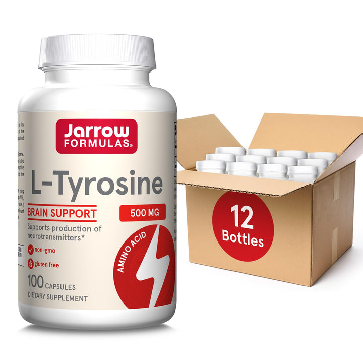 Jarrow Formulas L-Tyrosine 500 mg - 100 Capsules - Supports Brain Function - Brain Neurotransmitter Precursor - Free Form Amino Acid - Contains Pure Crystalline L-Tyrosine - 100 Servings(Pack of 12)
