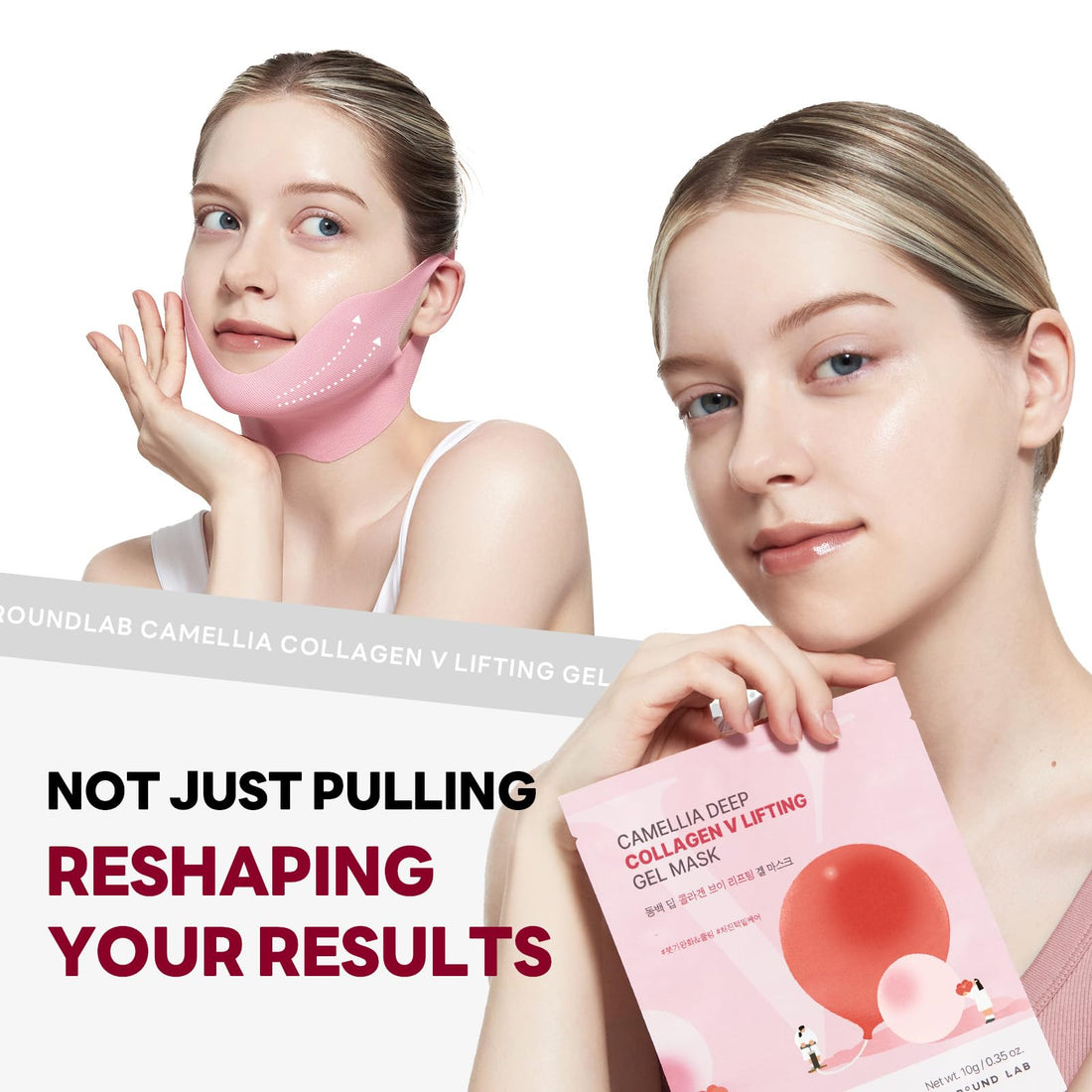 ROUND LAB Camellia Deep Collagen V Lifting Gel Mask 10g/0.35oz * 4EA | face toning belt, collagen v-line mask, improves sagging skin, lifting & firming, double-chin mask, instant cooling & depuffing