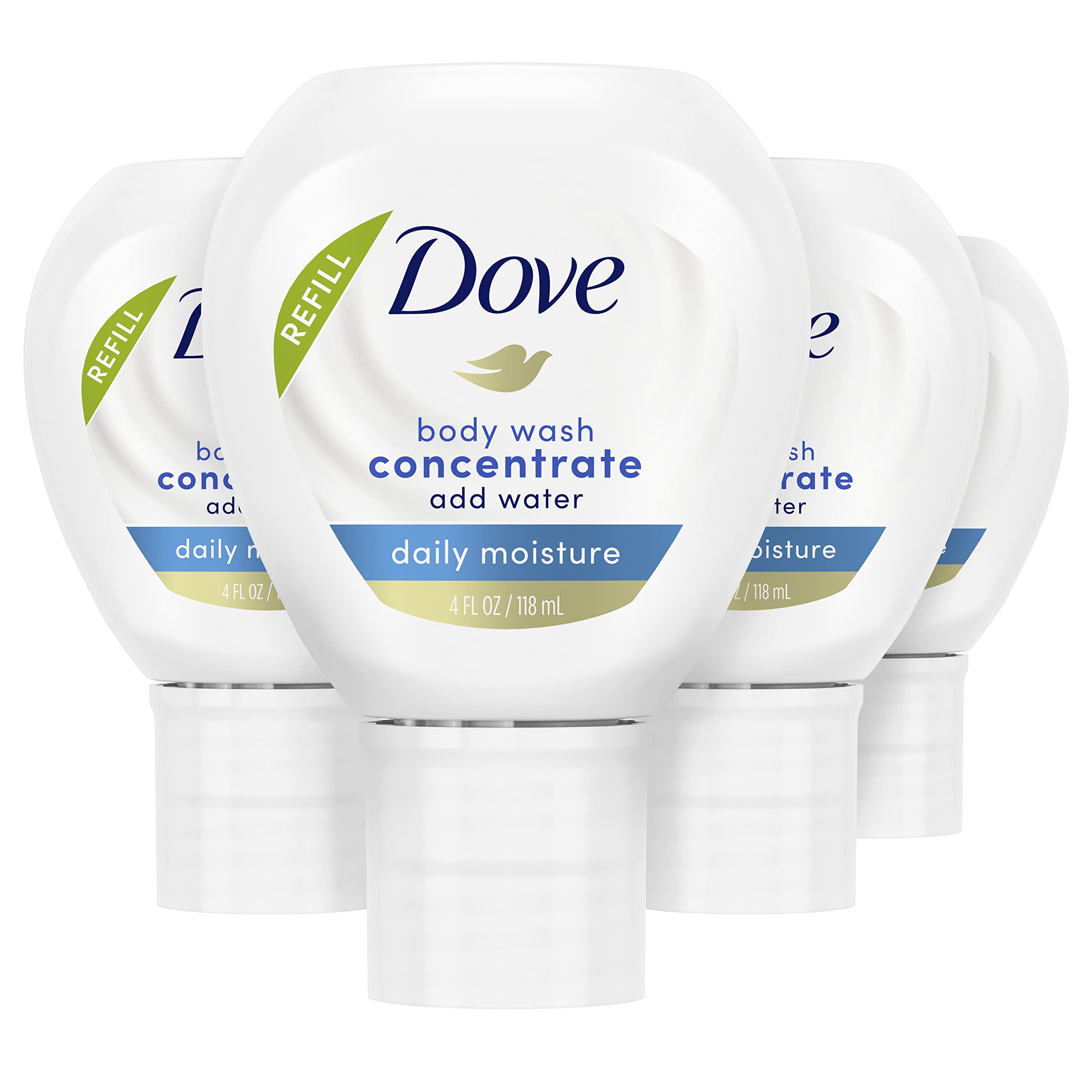Dove Concentrate Refill for Instantly Soft Skin and Lasting Nourishment Daily Moisture Refill for use with Dove Reusable Bottle 4 fl oz (makes 16 fl oz of Body Wash) 4 count