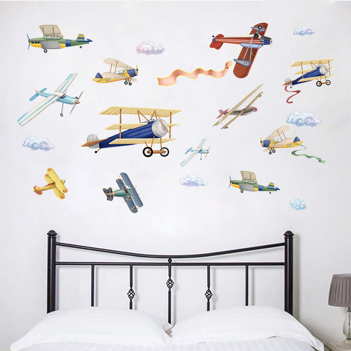 Watercolor Airplane Wall Decals, Removable Wall Stickers for Nursery Playroom Kids Bedroom Decoration, Aircrafts Theme Boys Bedroom Wall Decoration (Airplane, 9.8 X 18 X4Pcs)