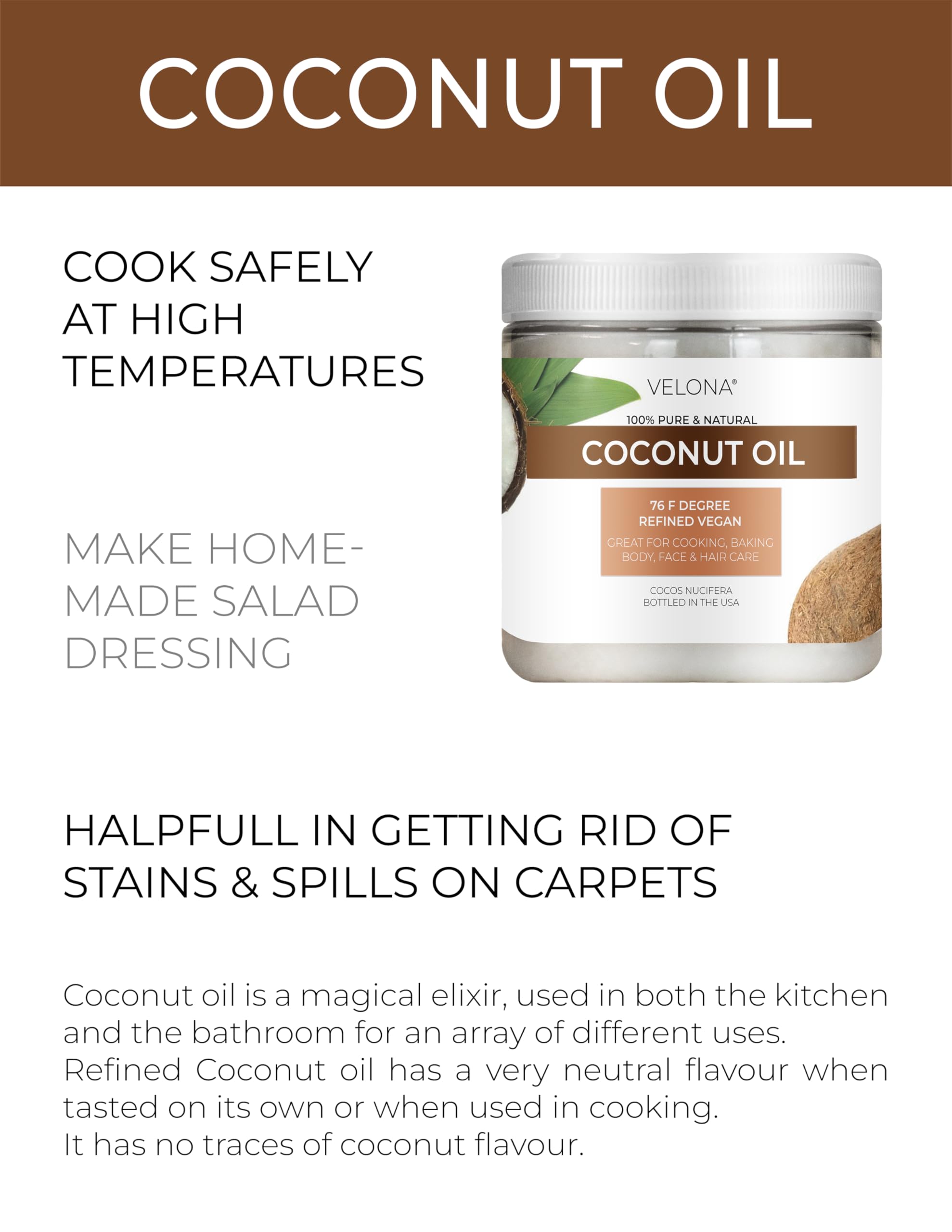 velona Coconut Oil 76 Degree 8 fl oz | 100% Pure and Natural Carrier Oil | in jar | Refined, Cold pressed | Skin, Face, Body, Hair Care | Use Today - Enjoy Results