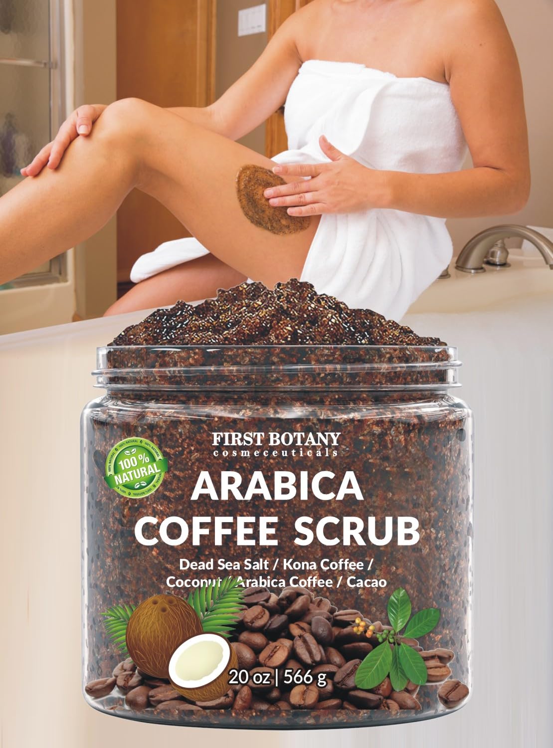 100% Natural Arabica Coffee Scrub with Organic Coffee, Coconut and Shea Butter - Acne, Anti Cellulite and Stretch Mark treatment, Spider Vein Therapy for Varicose Veins & Eczema (20 oz)