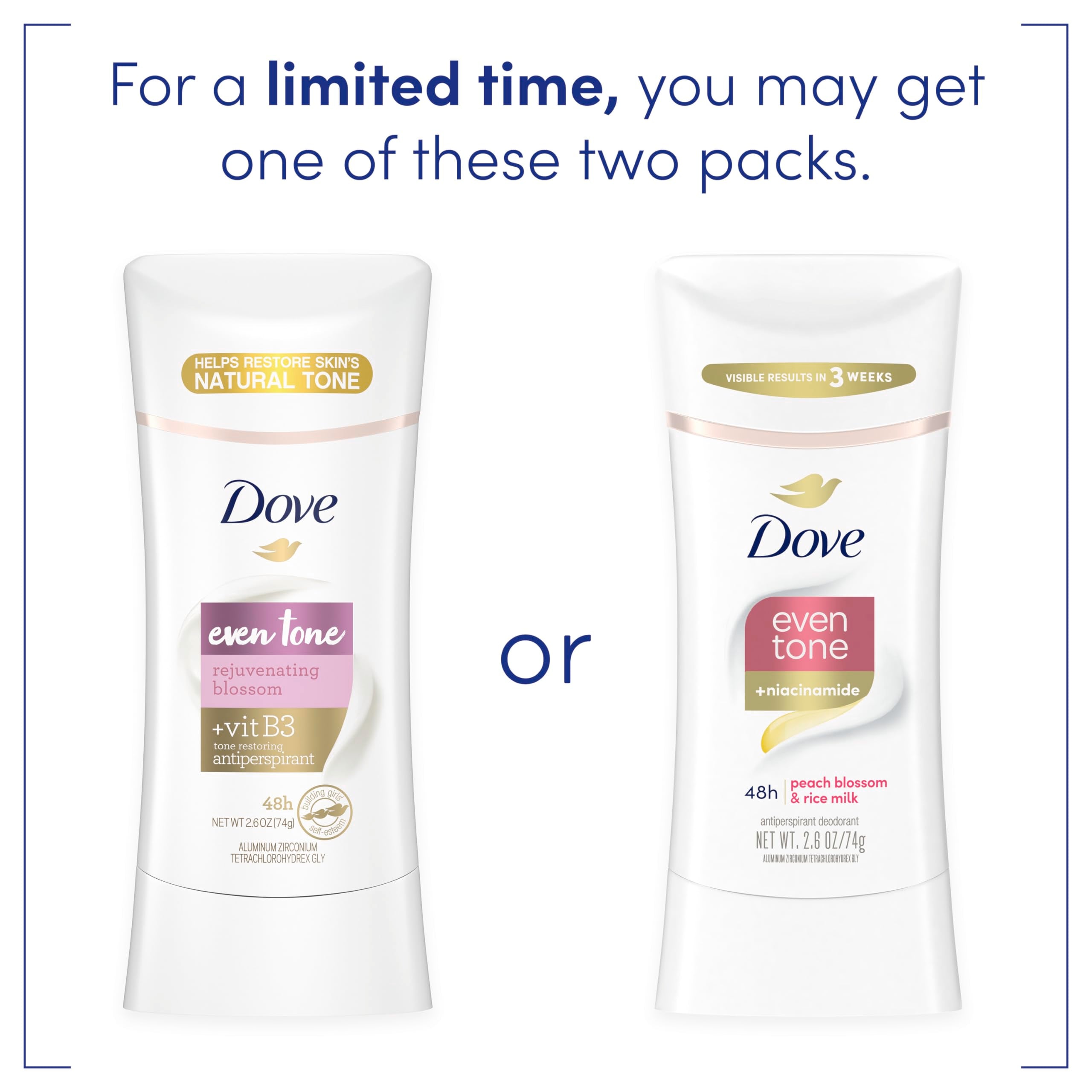Dove Even Tone Antiperspirant Deodorant for Uneven Skin Tone Rejuvenating Blossom Sweat Block for All-Day Fresh Feeling, 2.6 oz, Pack of 3