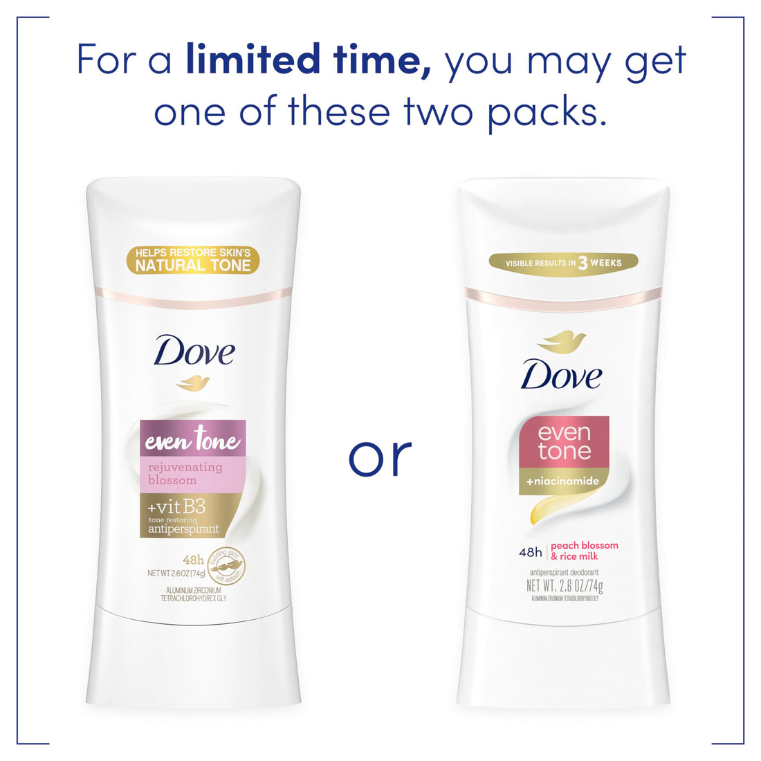 Dove Even Tone Antiperspirant Deodorant for Uneven Skin Tone Rejuvenating Blossom Sweat Block for All-Day Fresh Feeling, 2.6 oz, Pack of 3