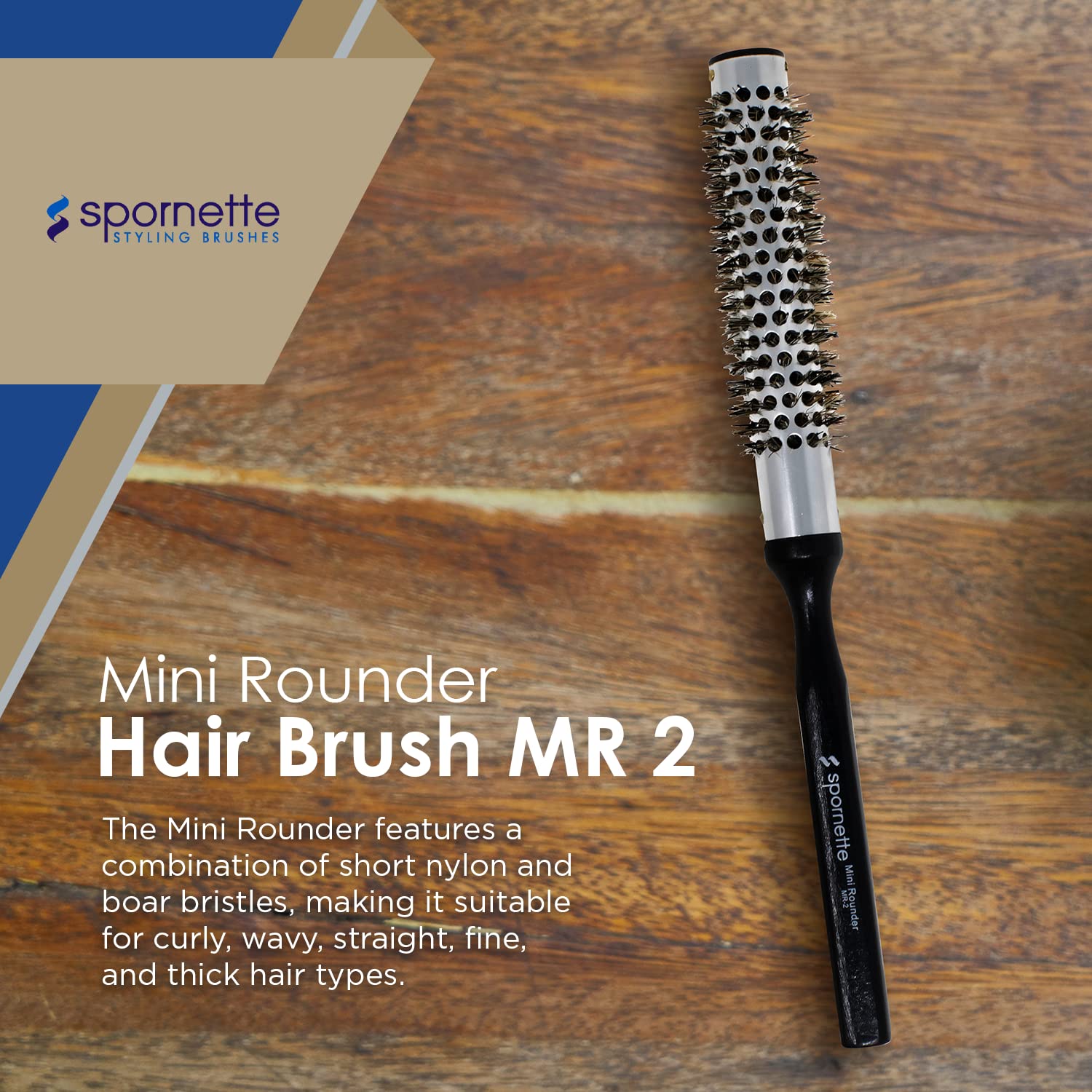 Spornette 1 Inch Mini Rounder Hair Brush Metal Thermal Barrel & Boar Nylon Bristles - Small Round Brush for Blow Drying, Styling, Smoothing & Volume (MR-2) For Barbers, Short Curly Bangs & Hairline