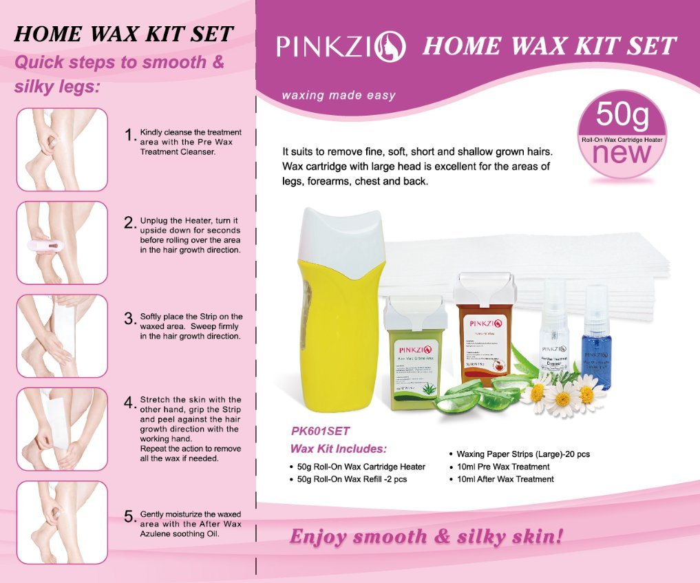 PINKZIO Roll On Waxing kit ,6-in-1 Body Waxing Kit for Hair Removal with Wax Heater, Pre/After Treatment and Waxing Strips. Home Waxing Kit For Hair Removal