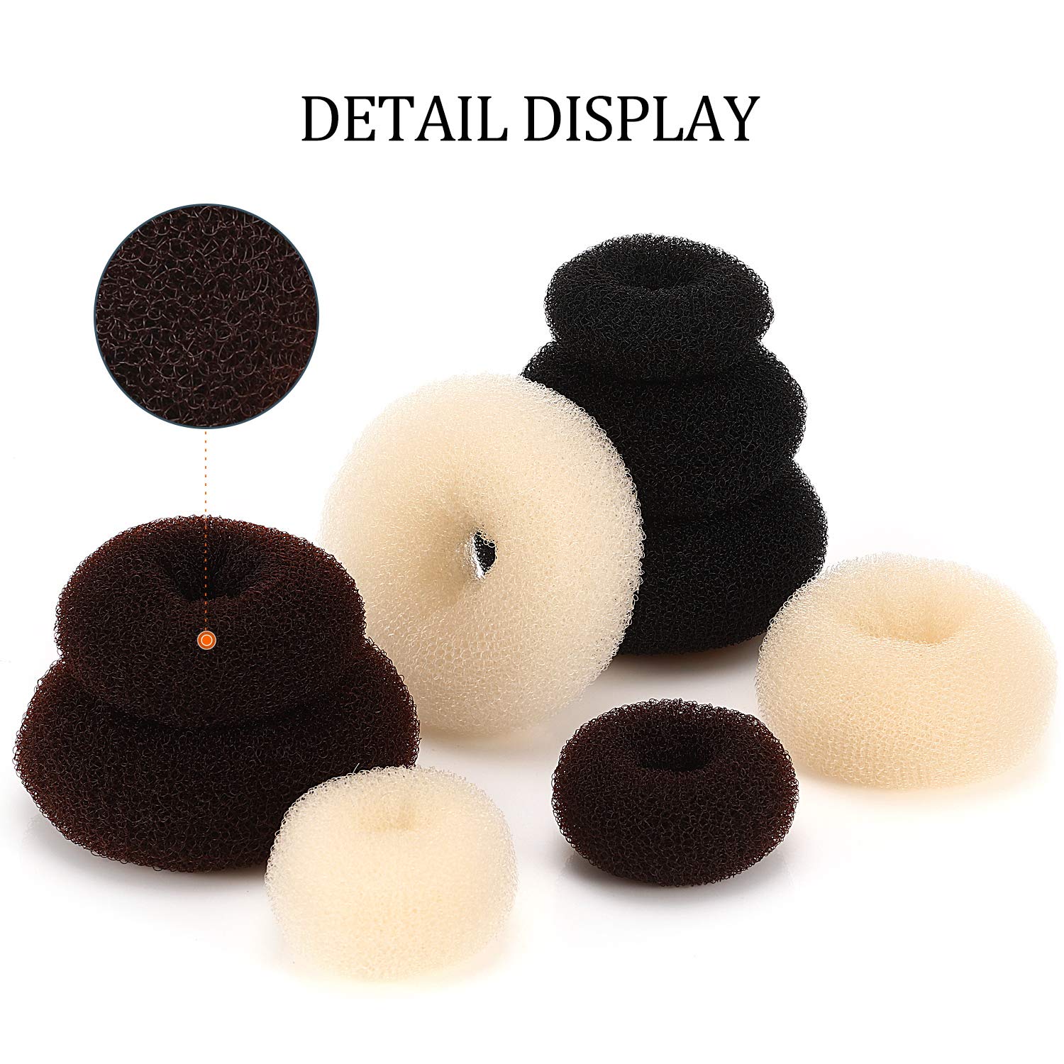 9 Pieces Donut Hair Bun Maker Shaper Foam Sponge Doughnut Bun Ring Style Set with 12 Pieces Hair Elastic Bands Ties and 32 Pieces Hair Bobby Pins for Women Girls Kids (Black, Brown, Beige)