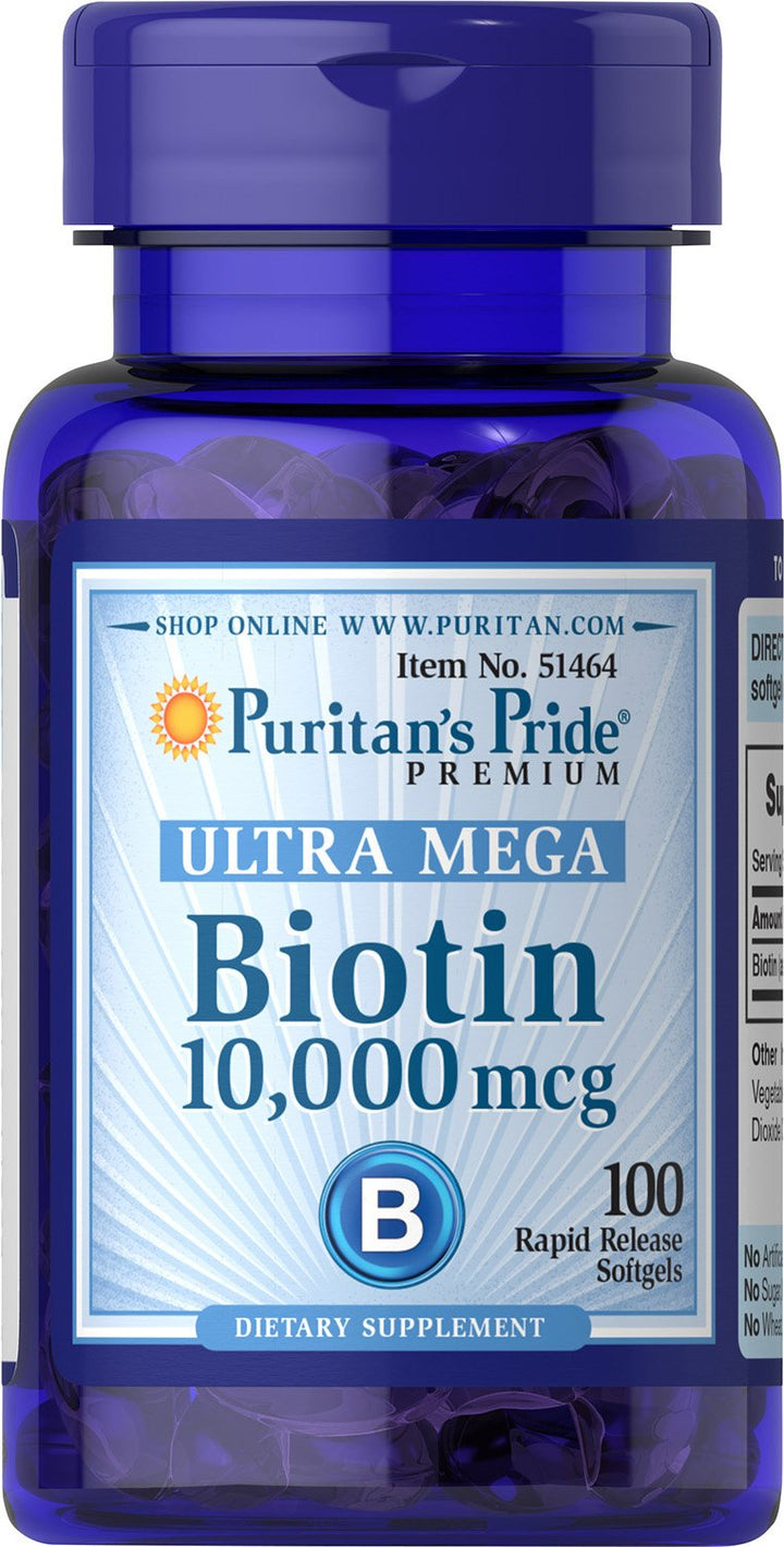 Puritan's Pride Premium Ultra Mega Biotin 10,000mcg, Dietary Supplement for Healthy Hair, Skin, Nails, and Energy Metabolism Support,100 Day Supply, 100 Rapid Release Softgels