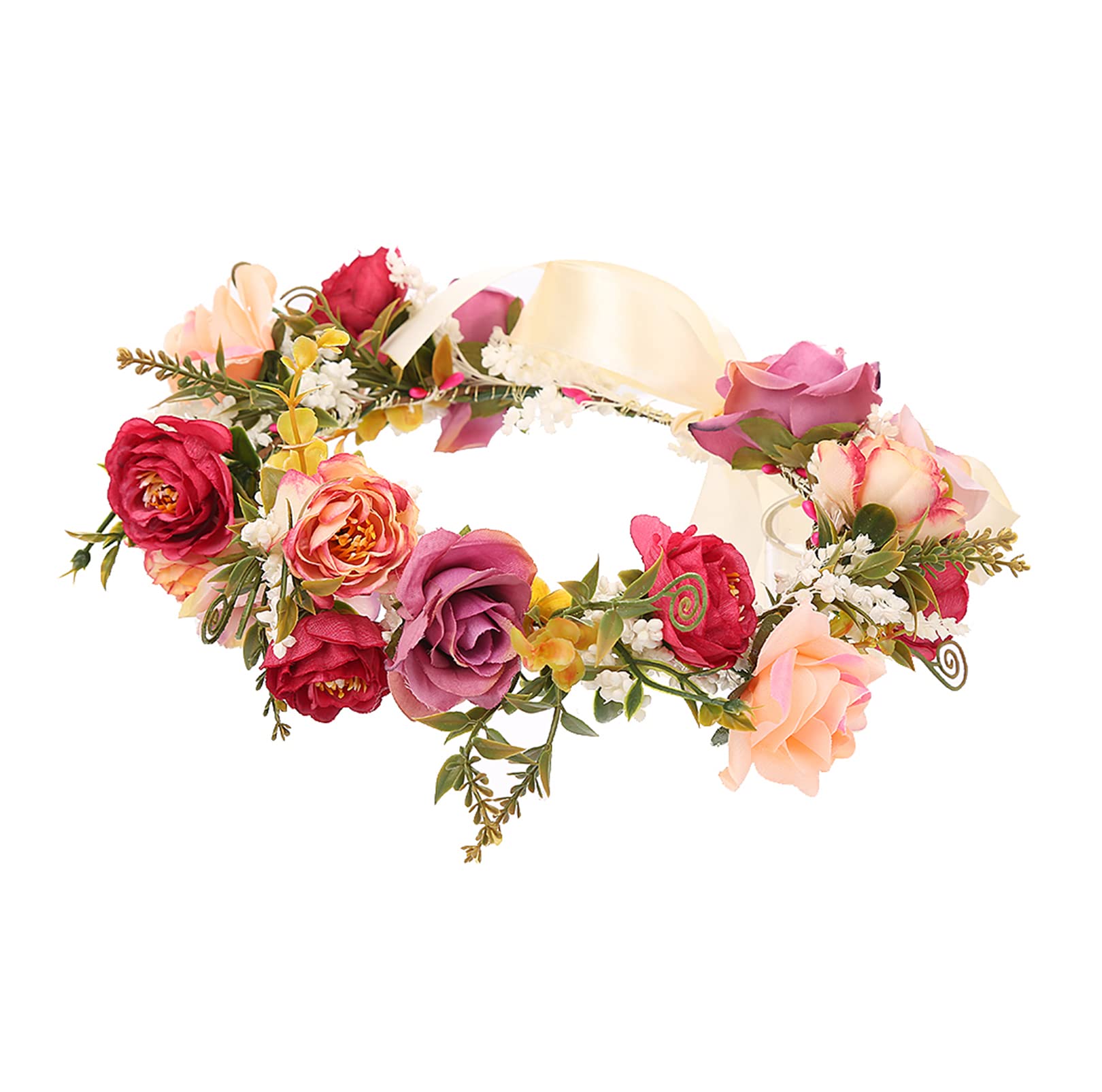 LINFLL Rose Flower Crown Wreath Headband Festival Wedding Hair Floral Halo Headpiece with Ribbon Rose Red