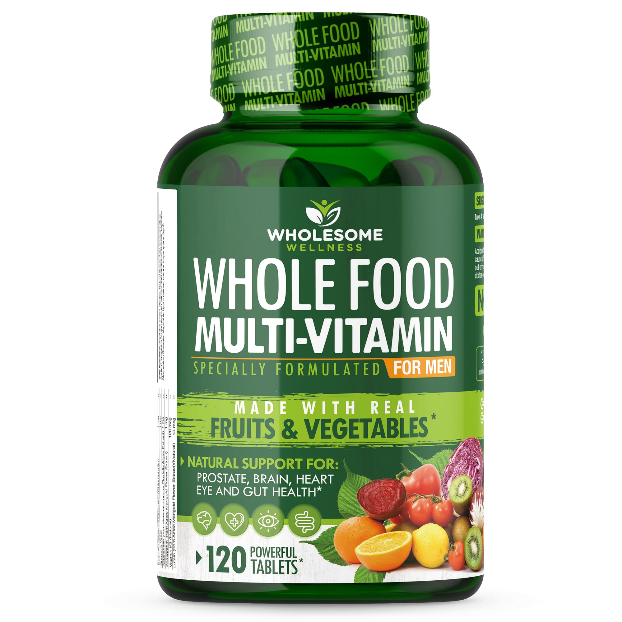 Wholesome Wellness Whole Food Multivitamin for Men - Natural Multi Vitamins, Minerals, Organic Extracts - Vegan Vegetarian - 120 Tablets