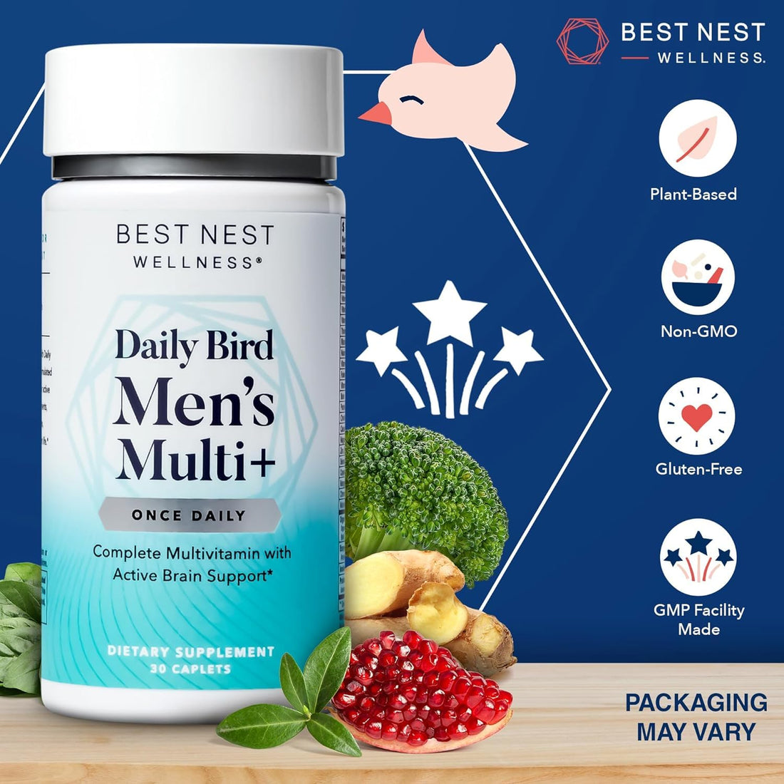 Best Nest Wellness Men's Multi Plus - Daily Multivitamin for Brain & Energy Health Support - Daily Multivitamin for Men - Probiotics & Digestive Enzyme Formula - 30 Caplets