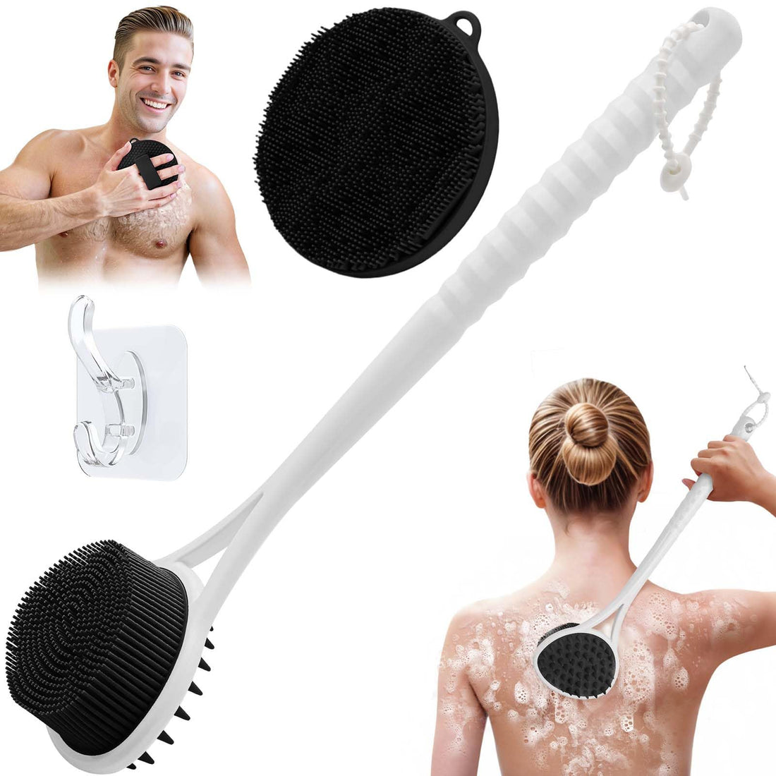 GEENOA Silicone Back Scrubber & Body Scrubber Set, 15.35’’ Back Scrubber for Shower with Dual-Side Brush Head, Silicone Loofah with Soft Bristles, Exfoliating Body Scrubber in Shower(Black-2PCS)
