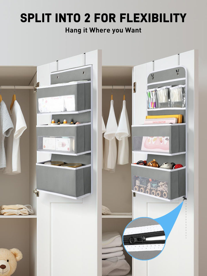 Yecaye 6-Tier Over the Door Storage Organizer, Flexible 1 Split into 2 Swing-proof Hanging Bathroom Storage Organization, Bedroom Organizer and Storage for Newborn Baby Essentials, Grey