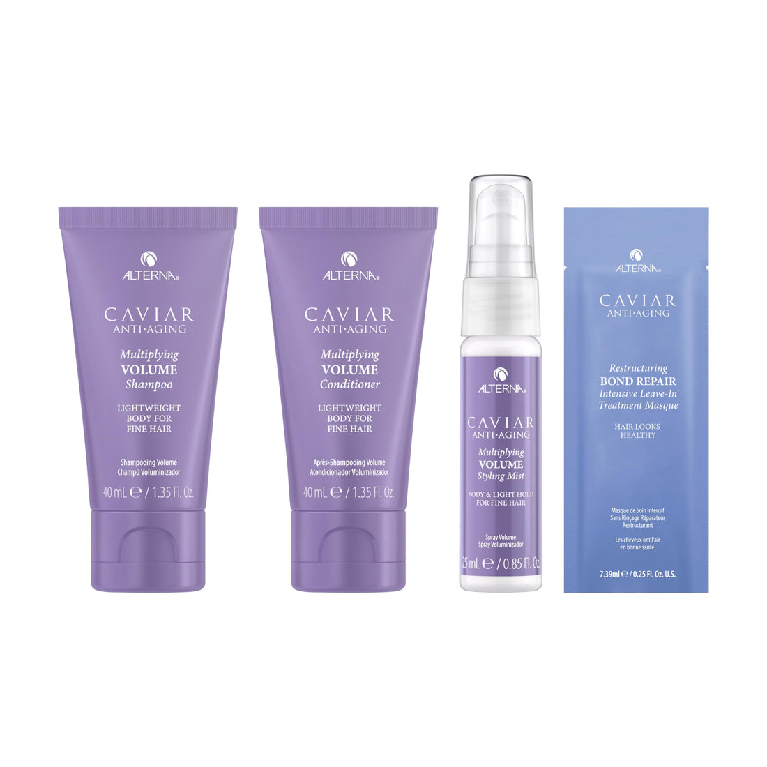 Alterna Haircare CAVIAR Anti-Aging Multiplying Volume Travel Kit - Shampoo, Conditioner, Styling Mist | For Fine, Thin Hair | Light Hold | Sulfate Free