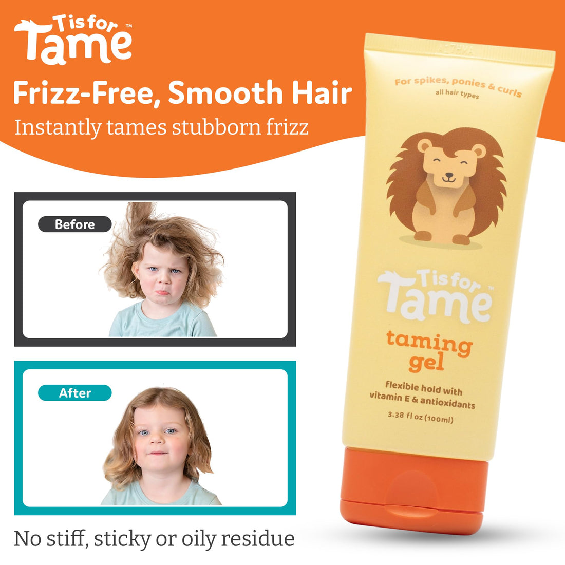 T is for Tame Taming Gel - Boys & Girls Baby Hair Styling Gel for Frizz Control, Flyaways - Natural Toddler, Kids Hair Tamer, Flexible Hold, 3.38fl oz, 2 Pack