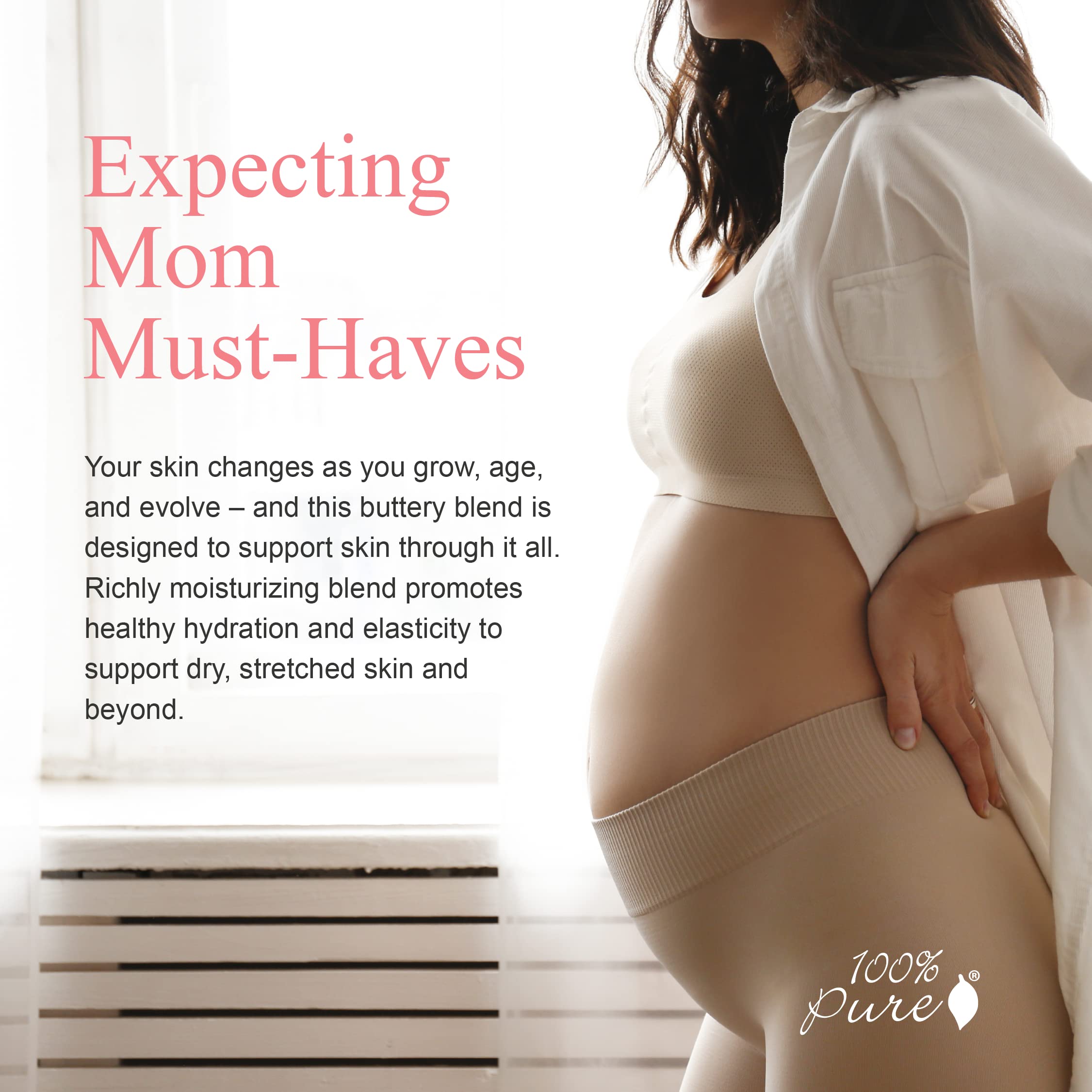 100% PURE Skin Support Stretch Mark Butter Belly Moisturizer - Nourishing Skin Defense with Vitamins & Antioxidants Natural Pregnancy Formula - Shea, Cocoa Butter, Vitamin E Cream - Vegan - 1.35oz