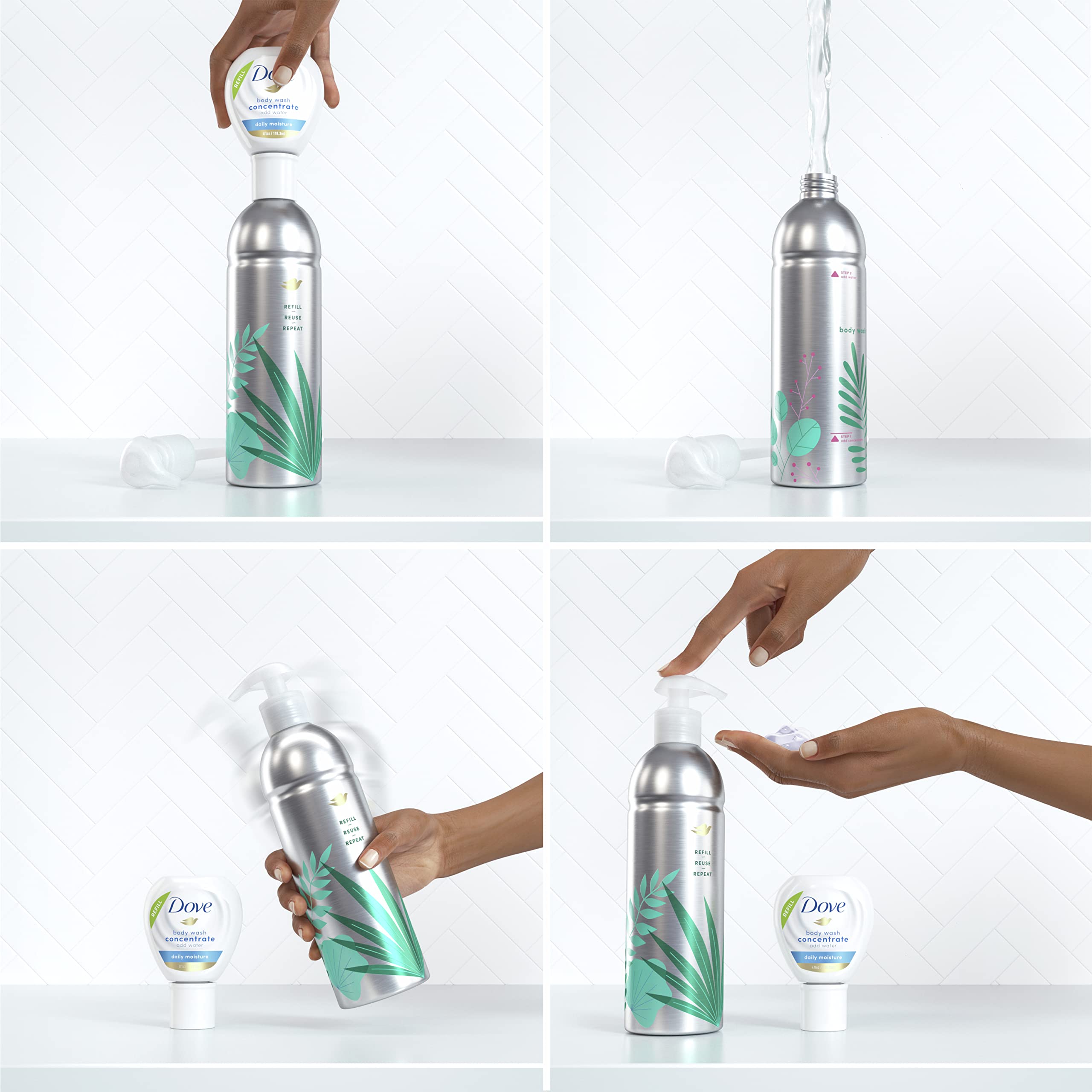 Dove Concentrate Refill for Instantly Soft Skin and Lasting Nourishment Daily Moisture Refill for use with Dove Reusable Bottle 4 fl oz (makes 16 fl oz of Body Wash) 4 count