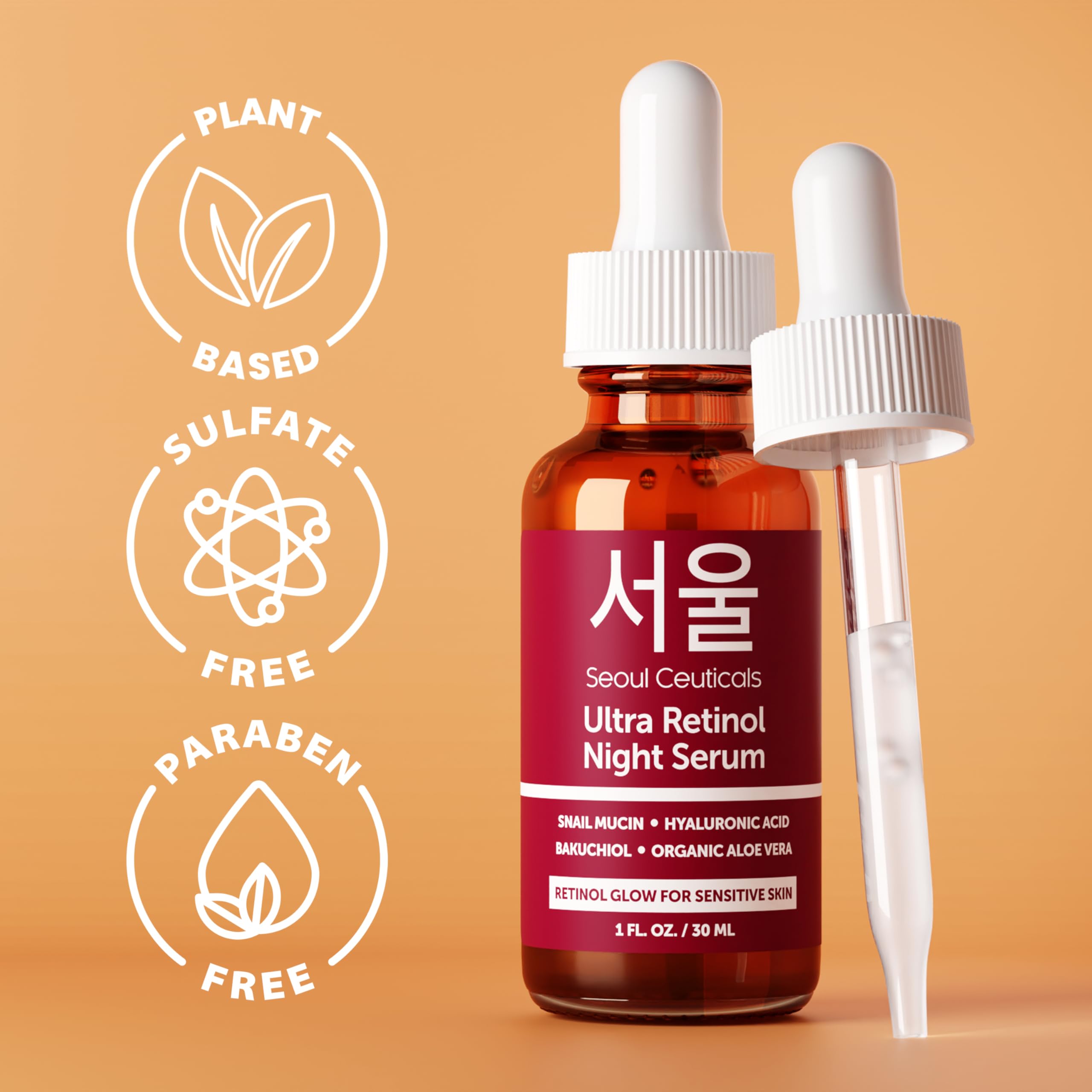 SeoulCeuticals 1% Korean Retinol Night Serum for Face - 97.5% Snail Mucin + Hyaluronic Acid + Bakuchiol, Cruelty Free K Beauty for Sensitive Skin 1oz