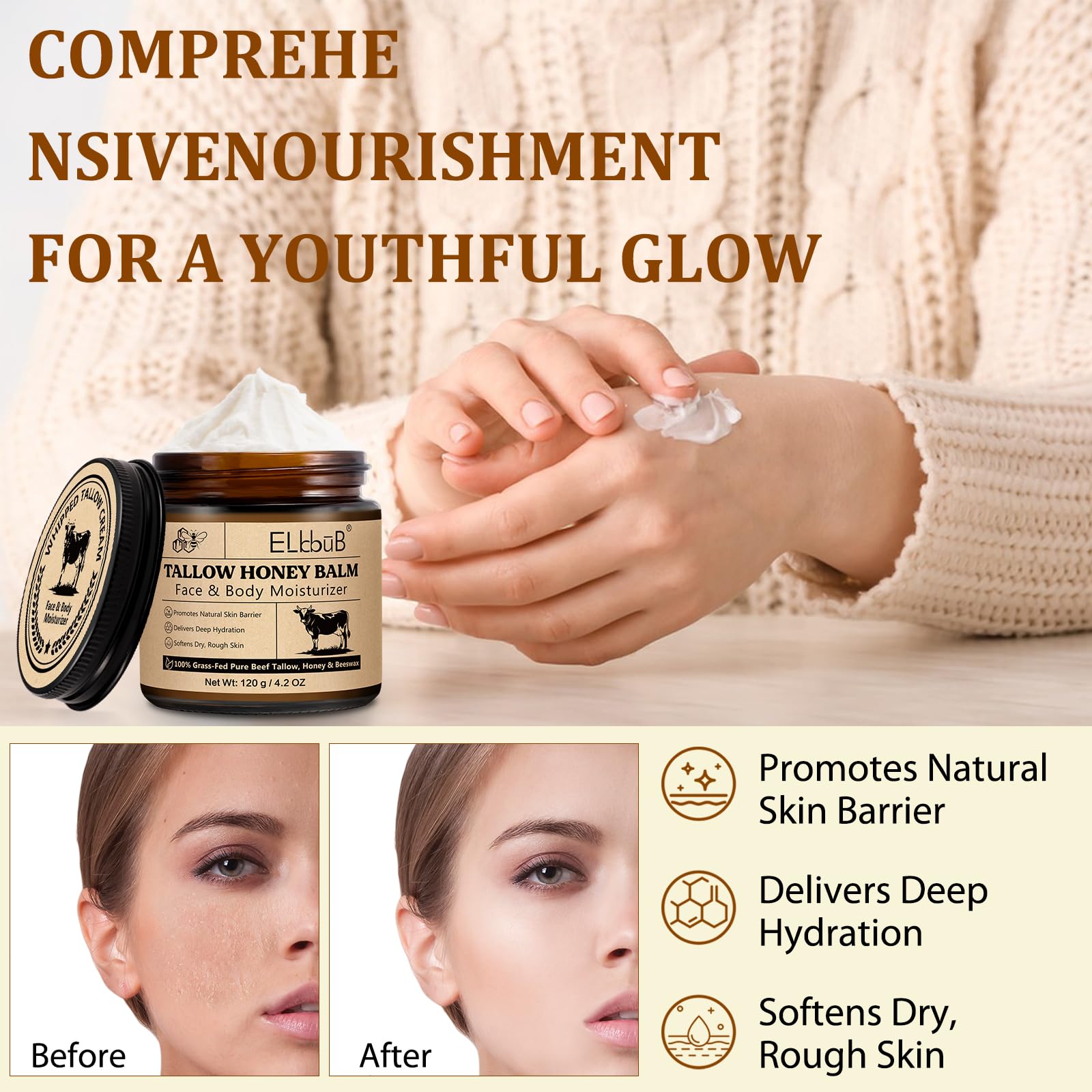 ELBBUB Whipped Tallow Cream for Face & Body - 100% Grass-Fed Beef Tallow, Natural Honey & Beeswax Moisturizer, Deep Hydration & Nourishment, Oil-Free & Unscented, Fast Absorbing
