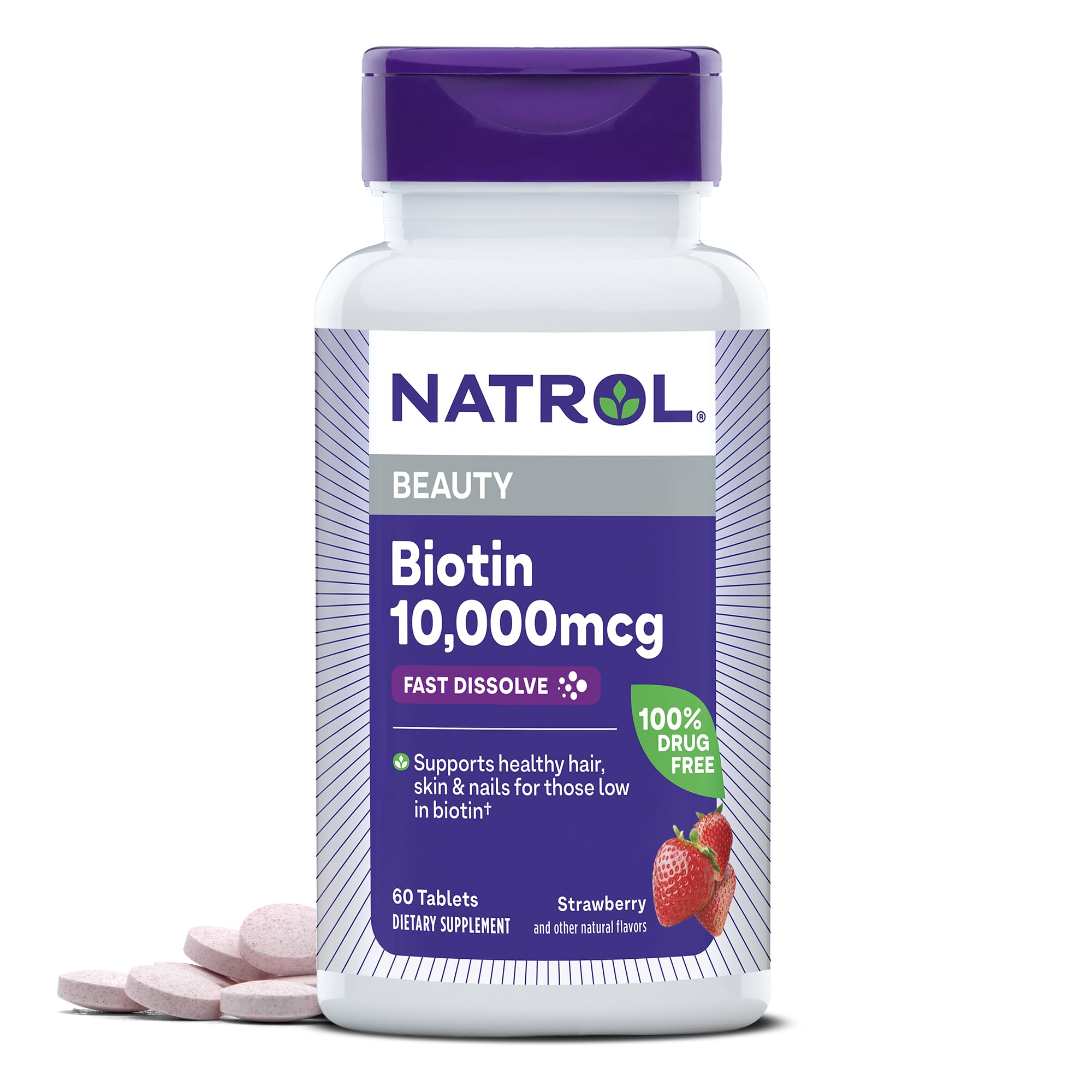Natrol Biotin 10000mcg, 4x Faster Dissolve Supplement for Healthy Hair, Skin and Nails for Those Low in Biotin, Plus Energy Metabolism Support, 60 Tablets, Up to a 60 Day Supply