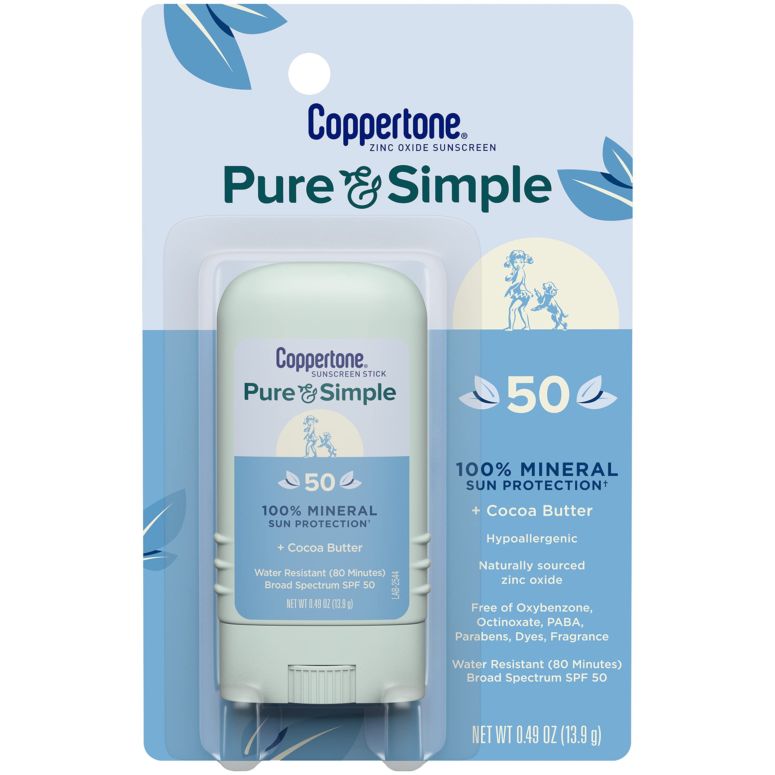 Coppertone Pure and Simple Mineral Sunscreen Stick SPF 50, Water Resistant, Hypoallergenic, Face Sunscreen with Broad Spectrum UVA/UVB Protection, 0.49 oz Stick
