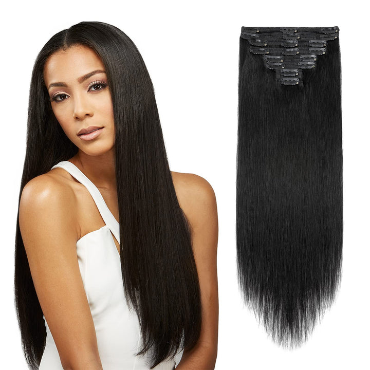Double Weft 100% Clip in Remy Human Hair Extensions #1 Jet Black 10'-22' Grade 7A Quality Full Head Thick Thickened Short Soft Silky Straight 8pcs 18clips for Women Beauty 10 / 10 inch 110g