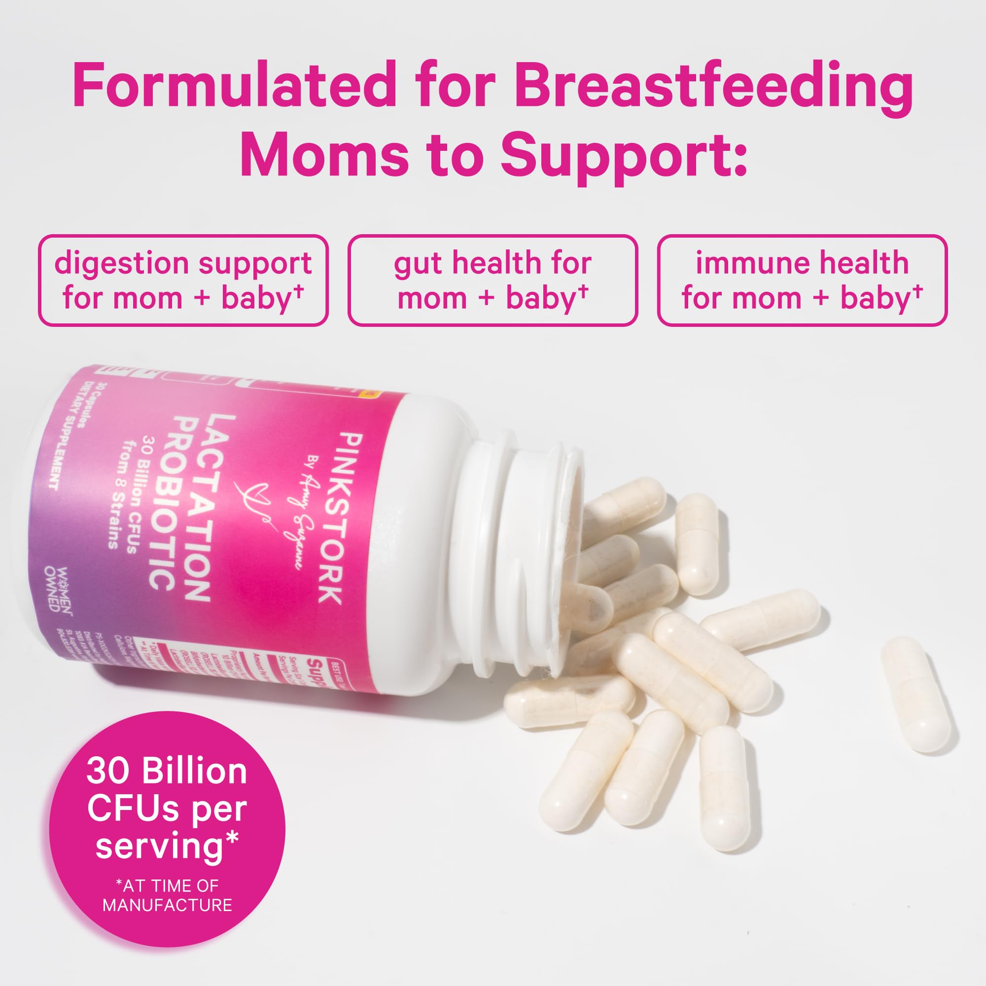 Pink Stork Lactation Probiotic - 10 Billion CFUs Multi Strain Postnatal Probiotics for Breastfeeding Women - Support Breast Milk & Gut Health, Postpartum Essentials, 30 Capsules