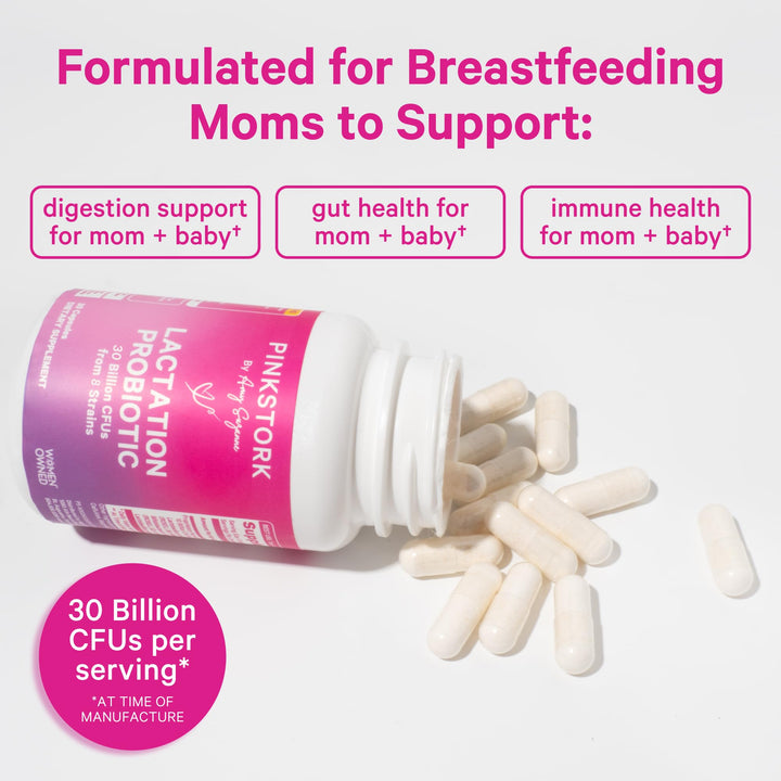 Pink Stork Lactation Probiotic - 10 Billion CFUs Multi Strain Postnatal Probiotics for Breastfeeding Women - Support Breast Milk & Gut Health, Postpartum Essentials, 30 Capsules
