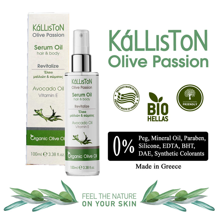 Kalliston Revitalizing Hair and Body Serum Oil with Organic Olive oil, Avocado Oil, Almond Oils and Vitamin E, Violet and Jasmine, Vanilla Scent, 100 ml (3.38 oz) Spray bottle, Clear