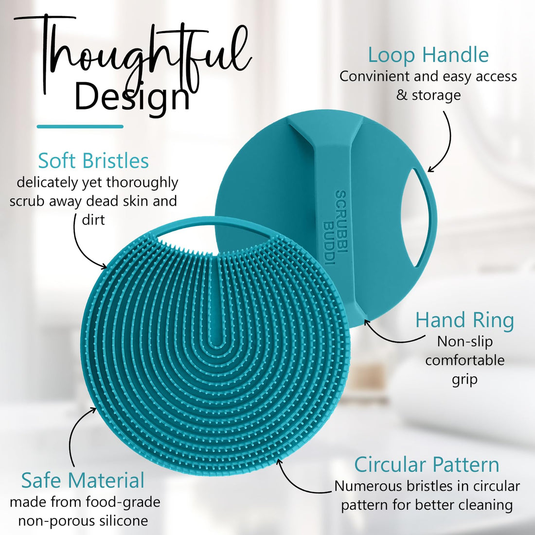 Scrubbi Buddi - Silicone Body Scrubber, Exfoliating Loofah with Handle, Body Brush, Gentle Body Scrubber, Scrubber for Sensitive Skin, Travel Body Scrub, Silicone Scrub Pet Friendly (Sky Blue)