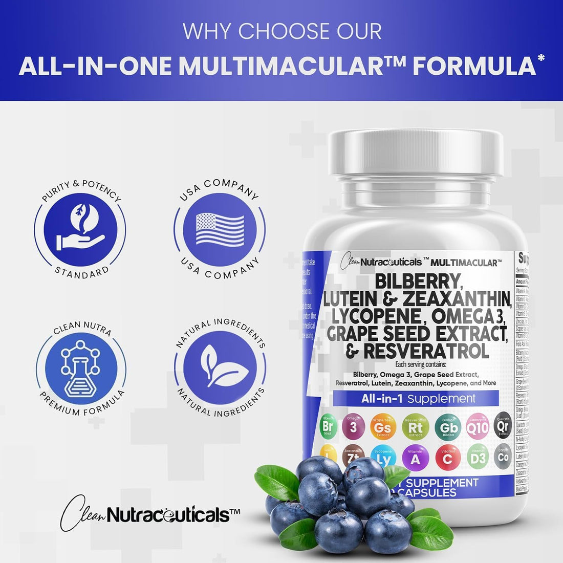 Clean Nutraceuticals Eye Health Vitamins with Bilberry Lutein & Zeaxanthin 40mg Lycopene 40mg Resveratrol Grape Seed Extract Omega 3 Astaxanthin - Eye Vitamin - 60 Capsules